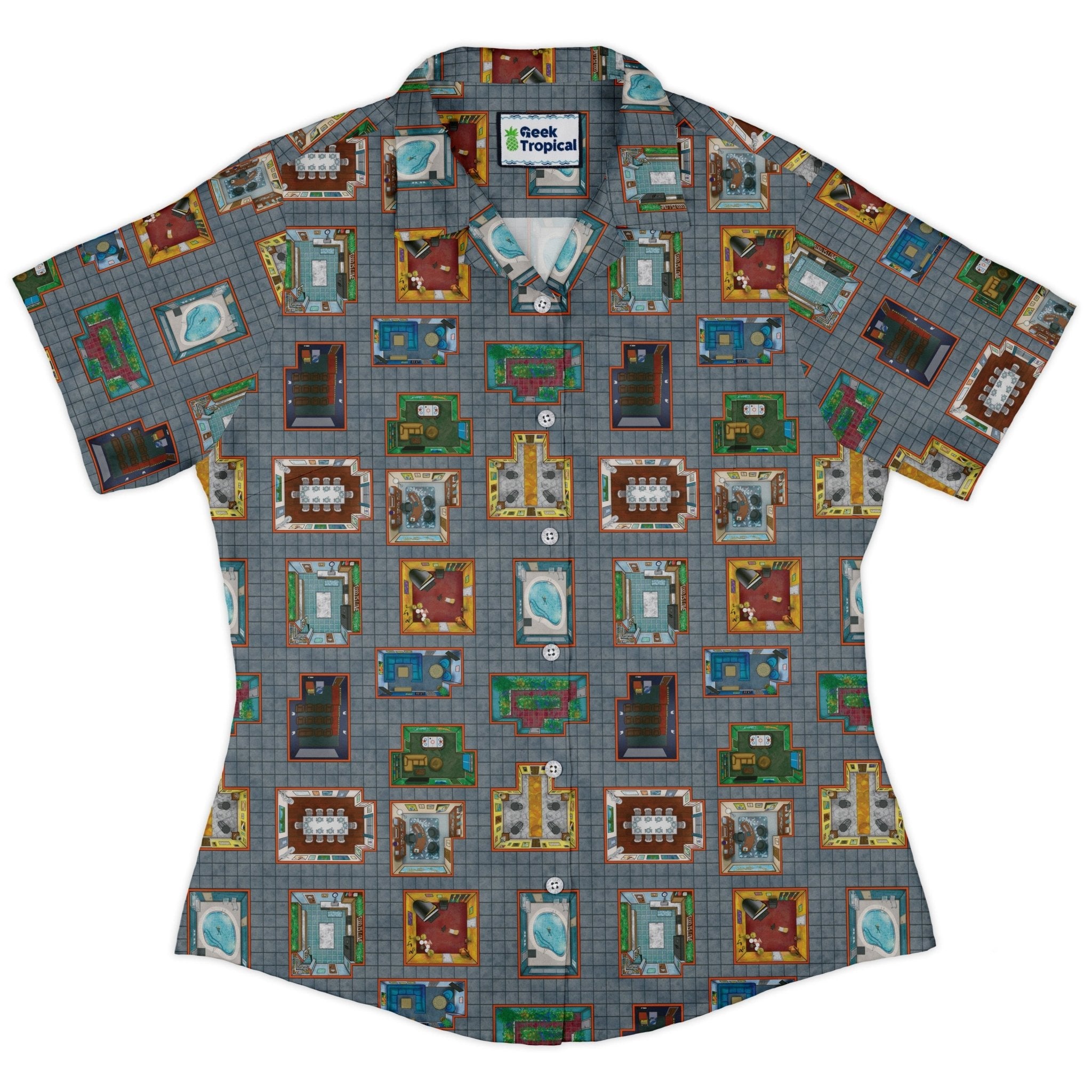 Murder Mystery Board Game Curvy Button Up Shirt Geek Nerd board game print Designs by Nathan women