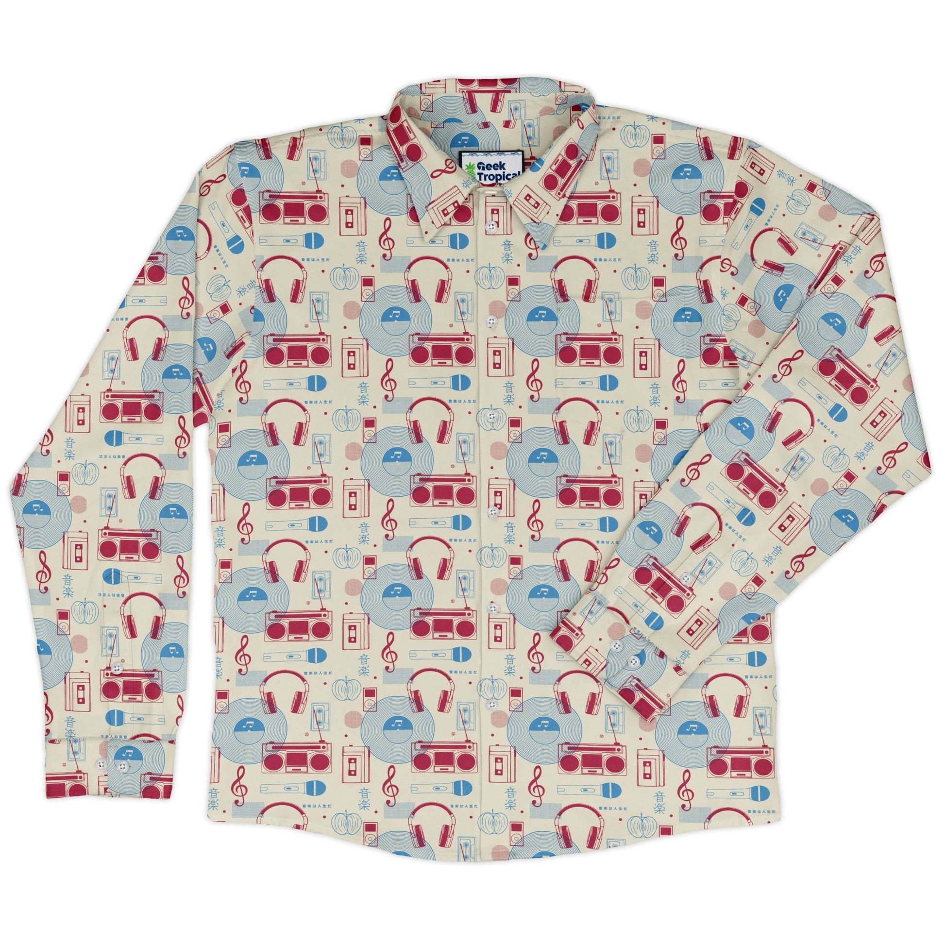 Music Paraphernalia Long Sleeve Button Up Shirt Geek Nerd 0925 adult sizing All Adult Button Up Shirts