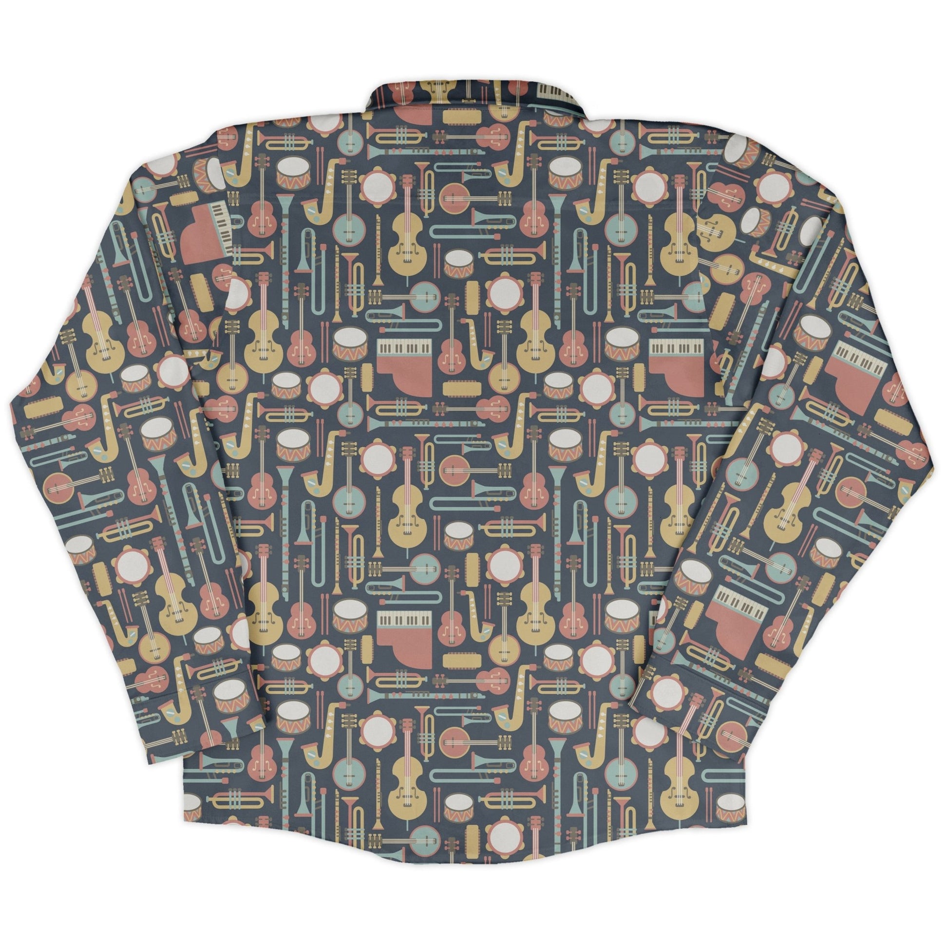 Musical Instruments Long Sleeve Button Up Shirt Geek Nerd adult sizing FLOW DESC WRITING music print