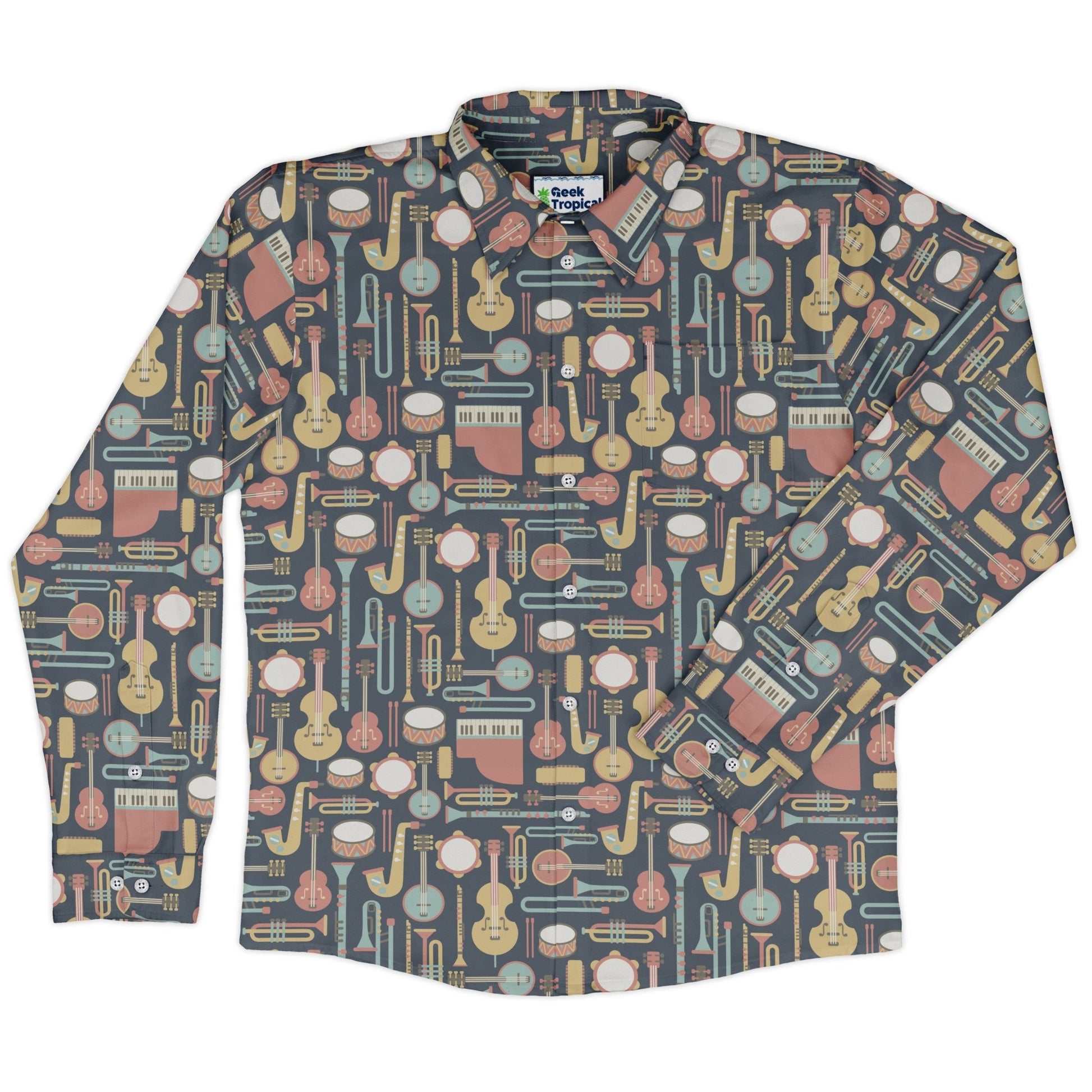 Musical Instruments Long Sleeve Button Up Shirt Geek Nerd adult sizing FLOW DESC WRITING music print