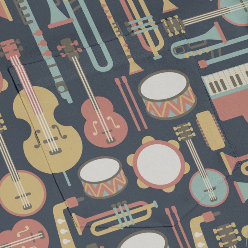 Musical Instruments Long Sleeve Button Up Shirt Geek Nerd adult sizing FLOW DESC WRITING music print