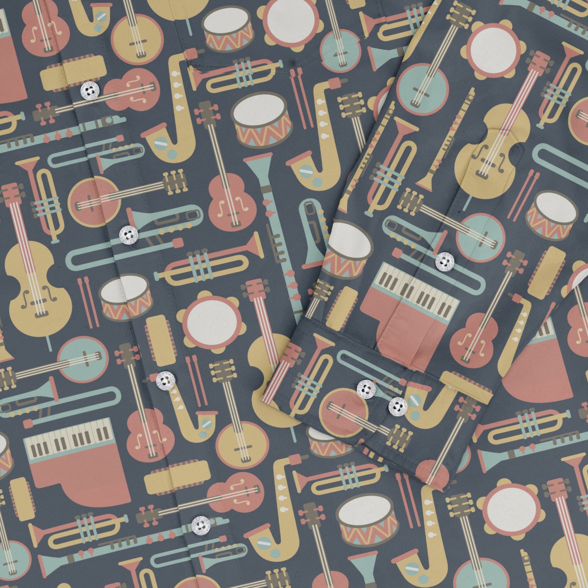 Musical Instruments Long Sleeve Button Up Shirt Geek Nerd adult sizing FLOW DESC WRITING music print