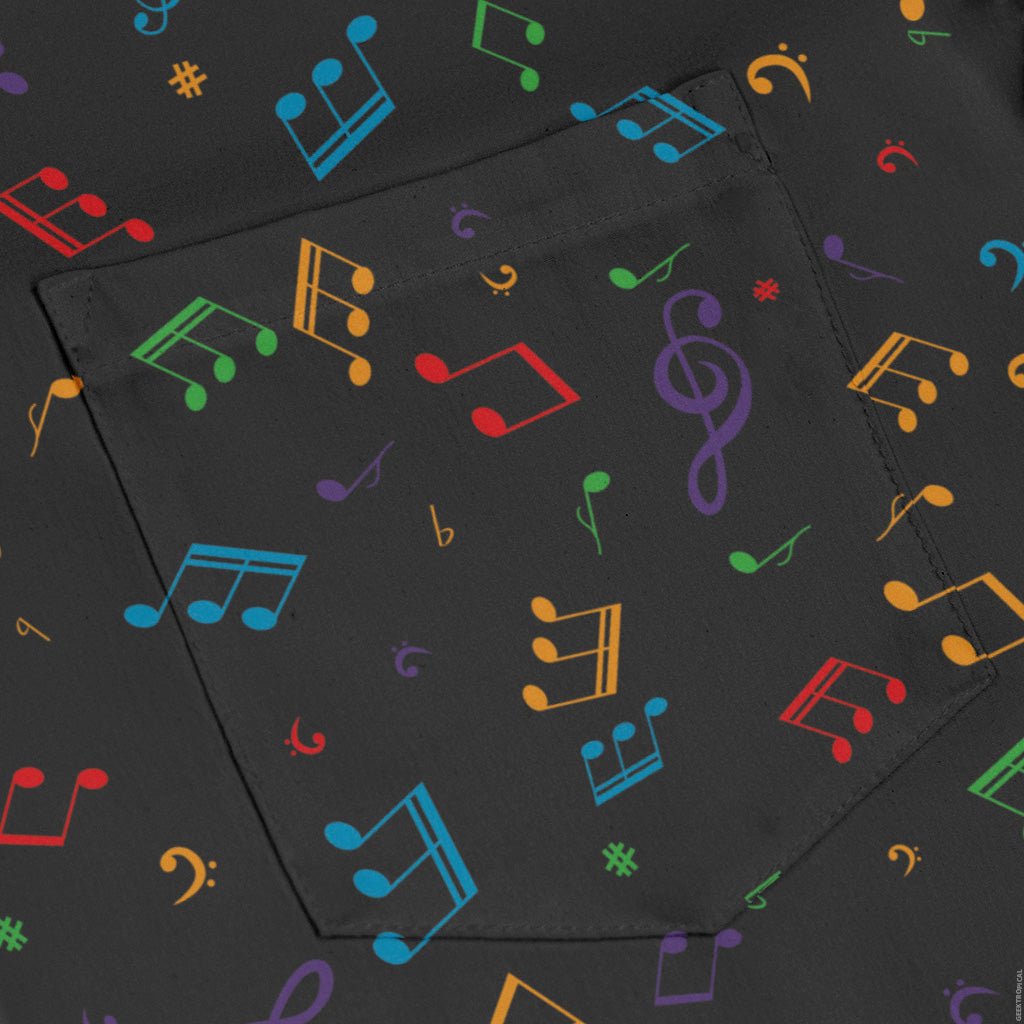 Musical Rainbow Notes Black Long Sleeve Button Up Shirt Geek Nerd adult sizing FLOW DESC WRITING music print