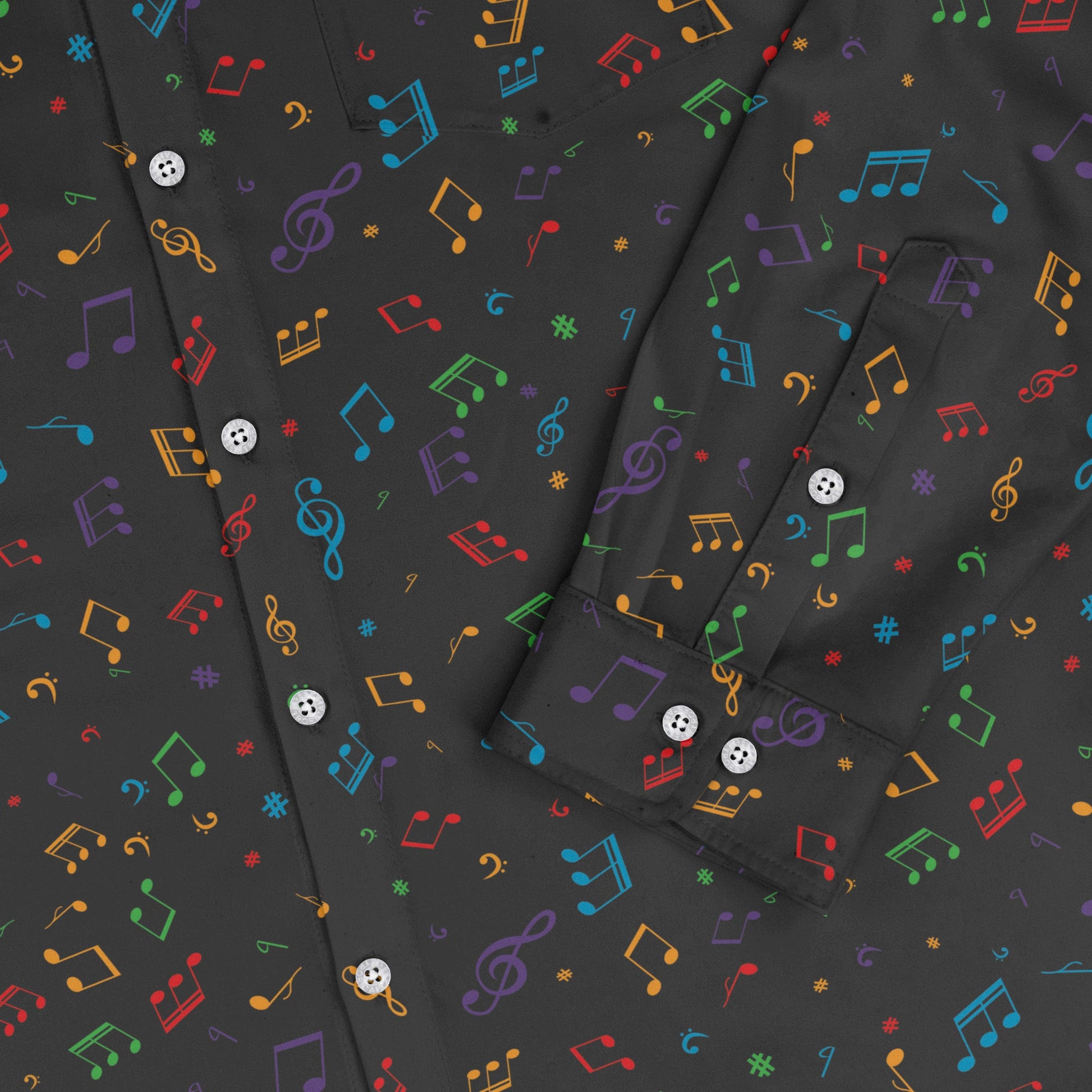 Musical Rainbow Notes Black Long Sleeve Button Up Shirt Geek Nerd adult sizing FLOW DESC WRITING music print