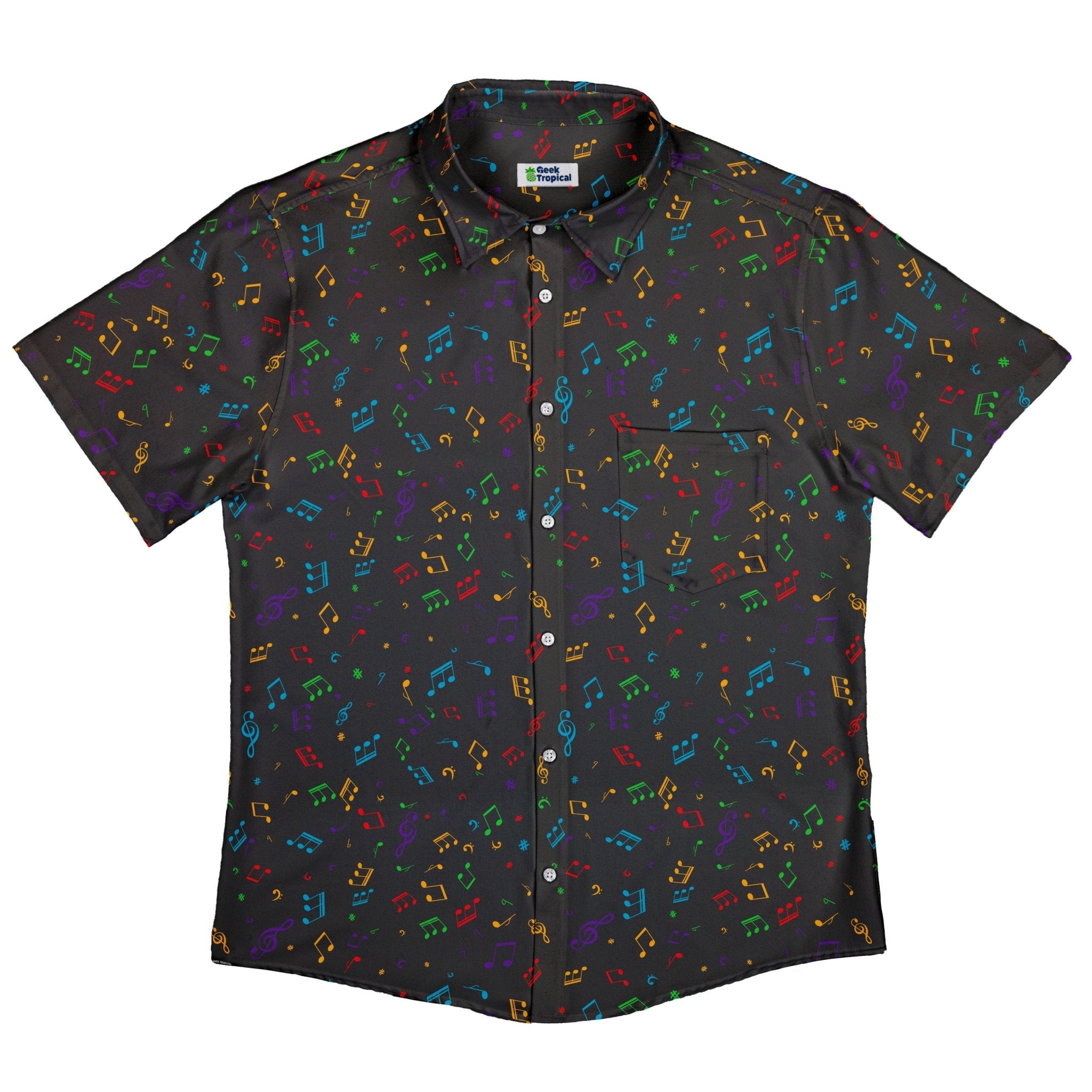 Musical Rainbow Notes Black Button Up Shirt - adult sizing - music print -