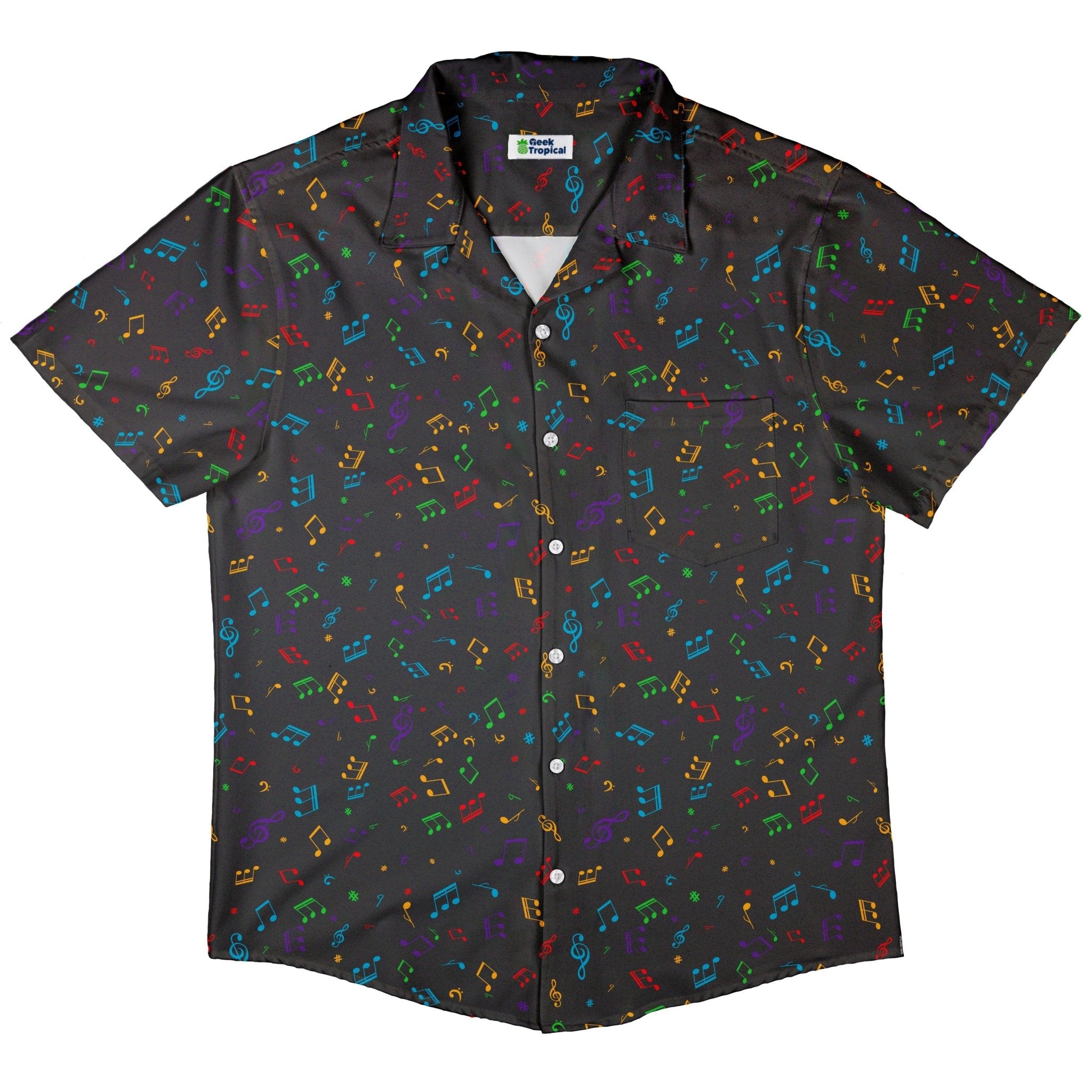 Musical Rainbow Notes Black Button Up Shirt - adult sizing - music print -