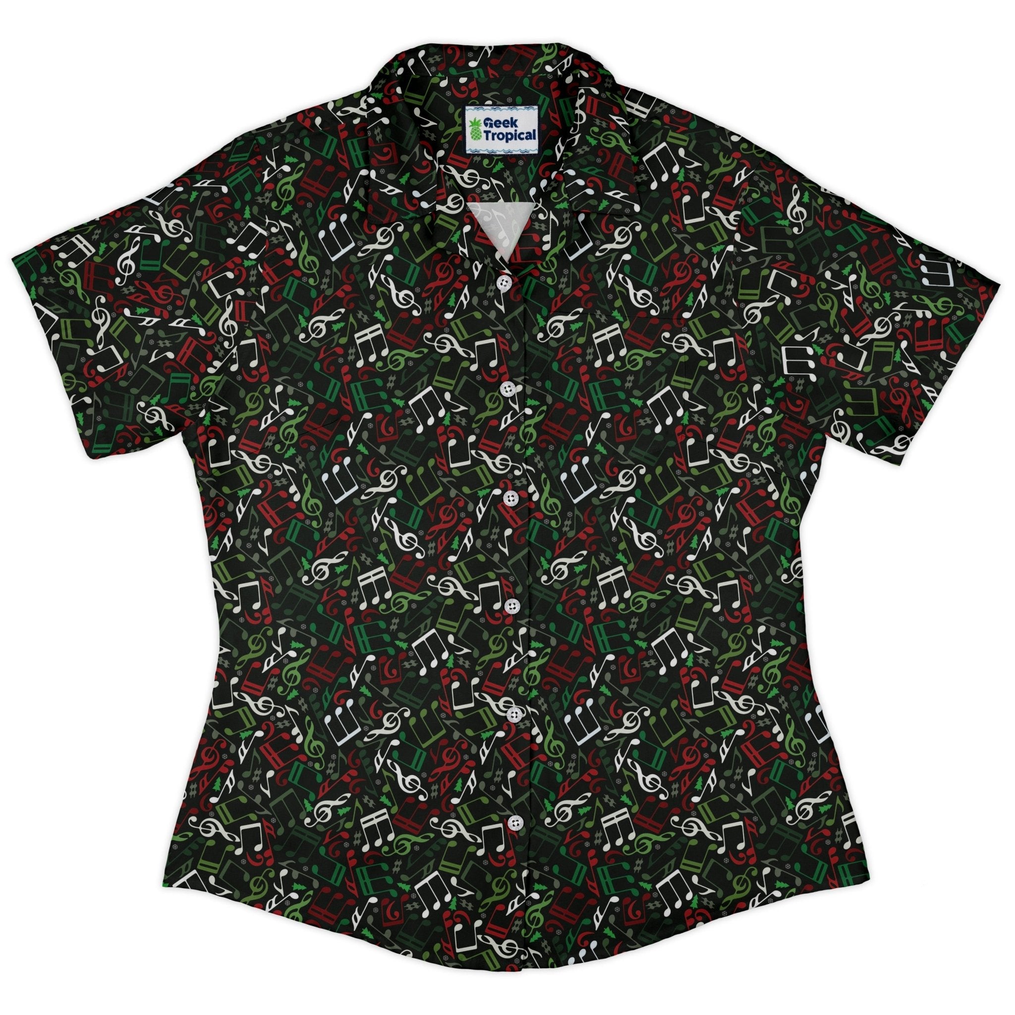 O Christmas Tree Music Notes Curvy Button Up Shirt Geek Nerd Christmas Print music print women