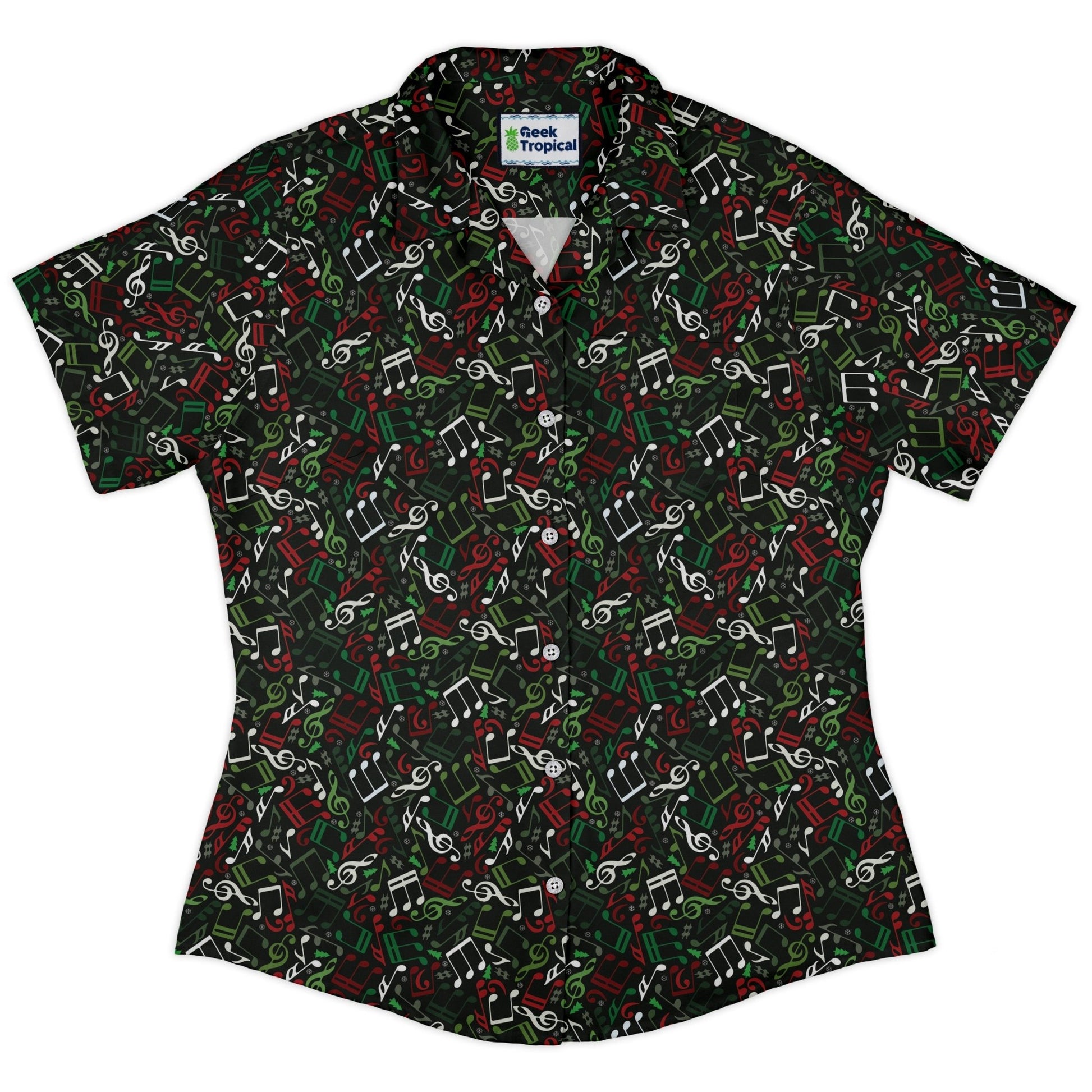 O Christmas Tree Music Notes Curvy Button Up Shirt Geek Nerd Christmas Print music print women