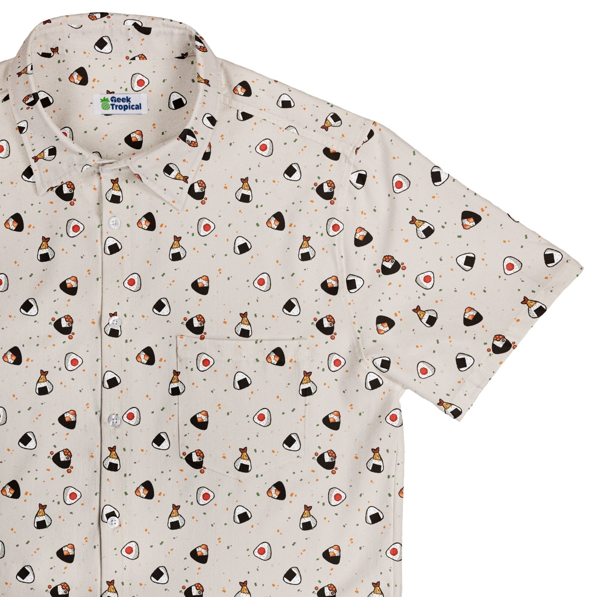Onigiri Biege Button Up Shirt Geek Nerd adult sizing anime Design by Ardi Tong