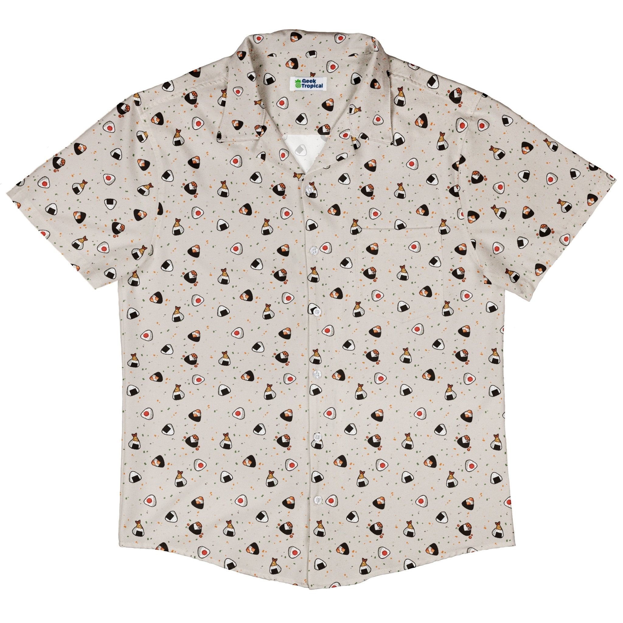 Onigiri Biege Button Up Shirt Geek Nerd adult sizing anime Design by Ardi Tong