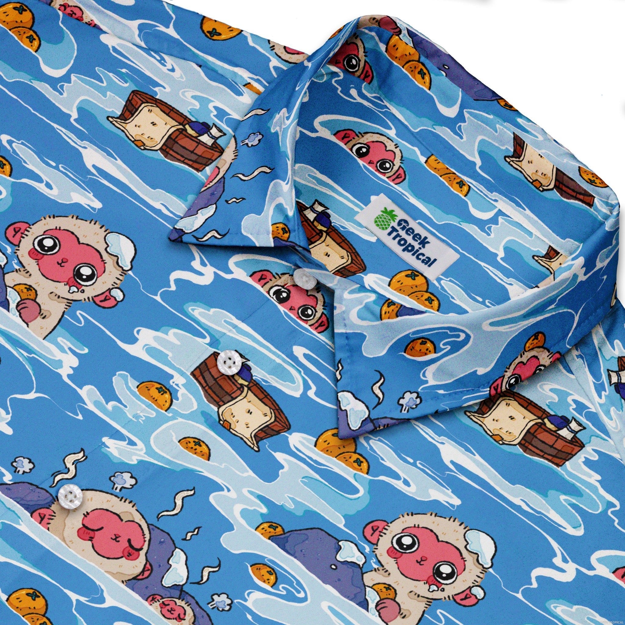 Onsen Snow Monkeys Button Up Shirt - adult sizing - Christmas Print - Design by Ardi Tong
