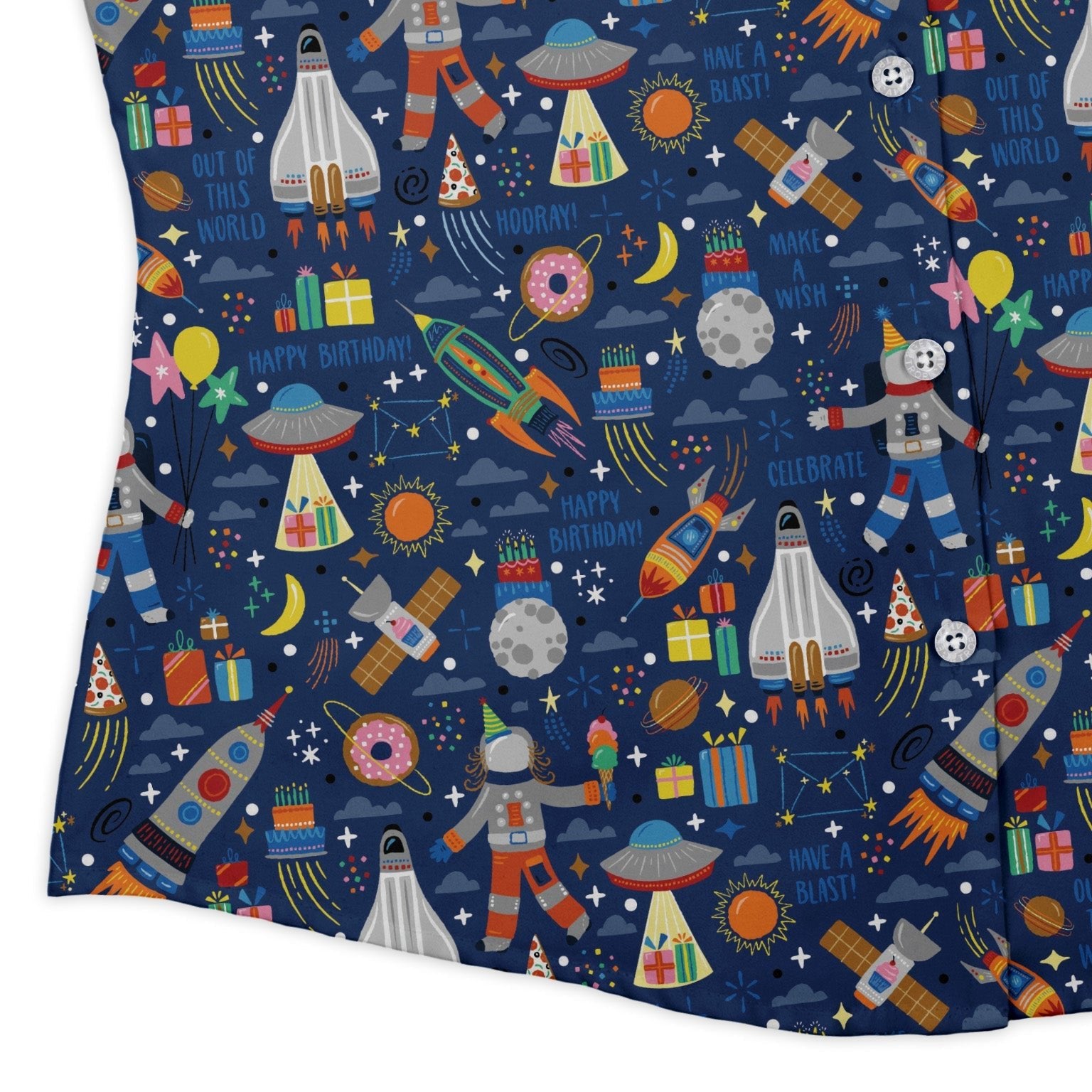 Outer Space Birthday Curvy Button Up Shirt Geek Nerd Design by Zirkus Design outer space & astronaut print q225