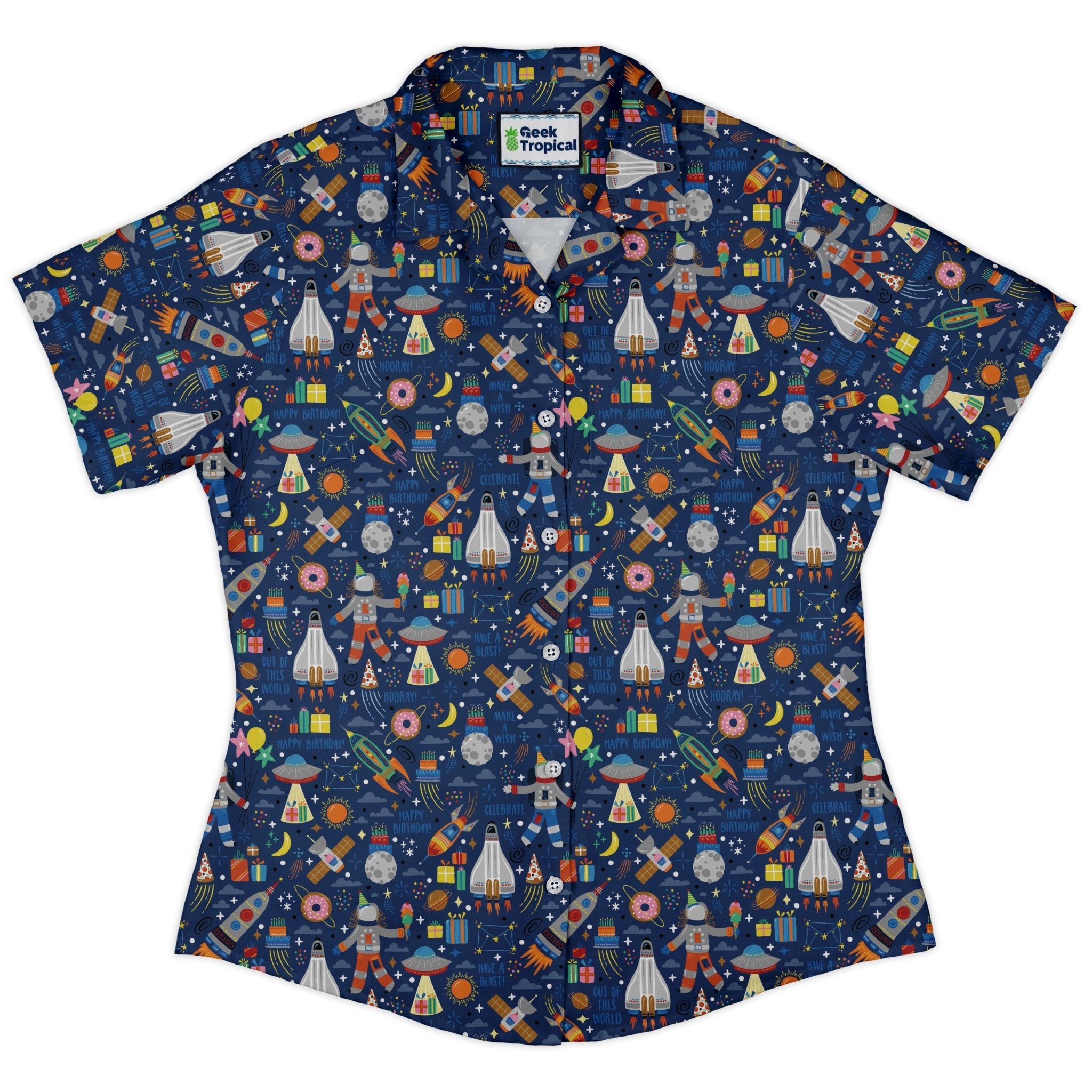 Outer Space Birthday Curvy Button Up Shirt Geek Nerd Design by Zirkus Design outer space & astronaut print q225