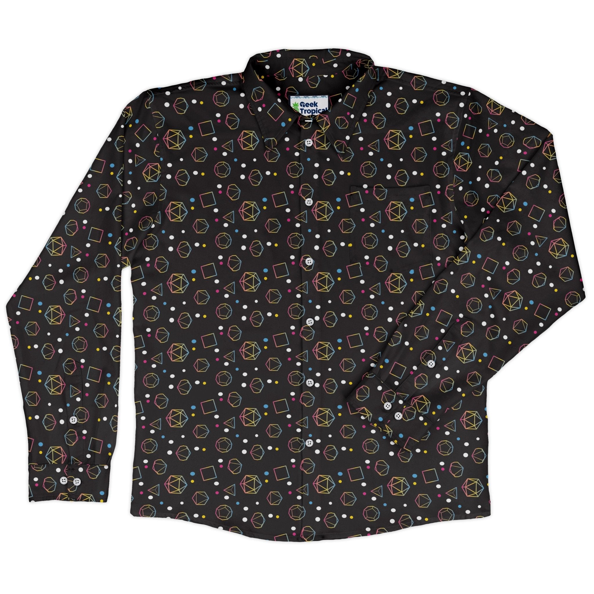 Pansexual Pride Flag Dnd Dice Long Sleeve Button Up Shirt Geek Nerd adult sizing Design by Heather Davenport dnd & rpg print