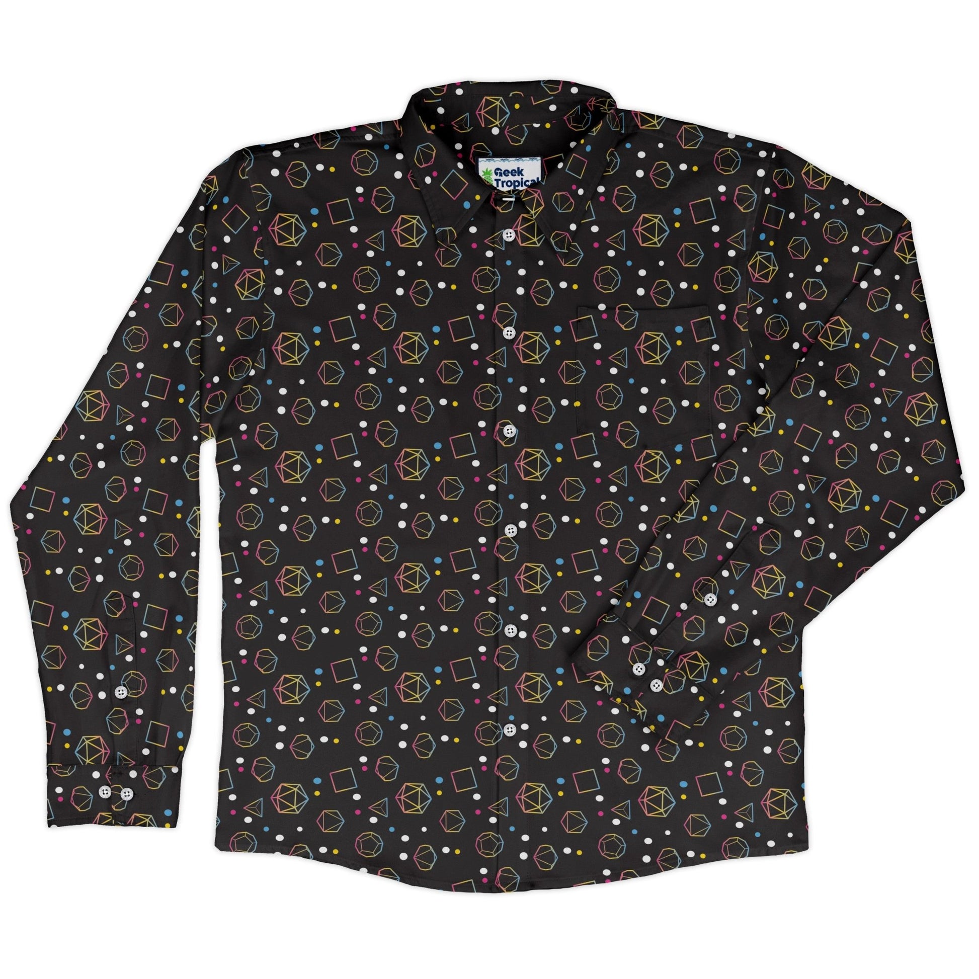Pansexual Pride Flag Dnd Dice Long Sleeve Button Up Shirt Geek Nerd adult sizing Design by Heather Davenport dnd & rpg print
