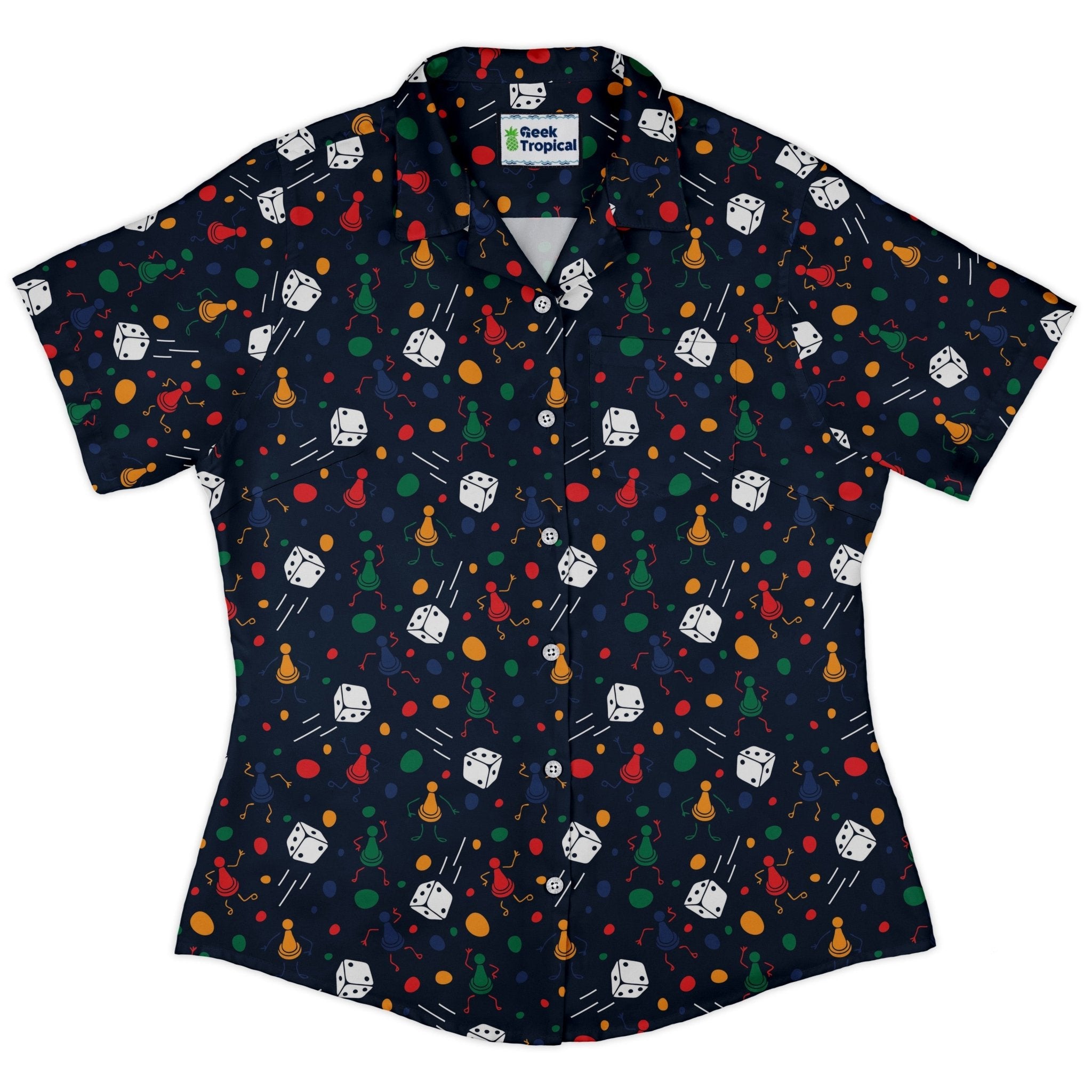 Pawn Party Blue Board Game Curvy Button Up Shirt Geek Nerd board game print women