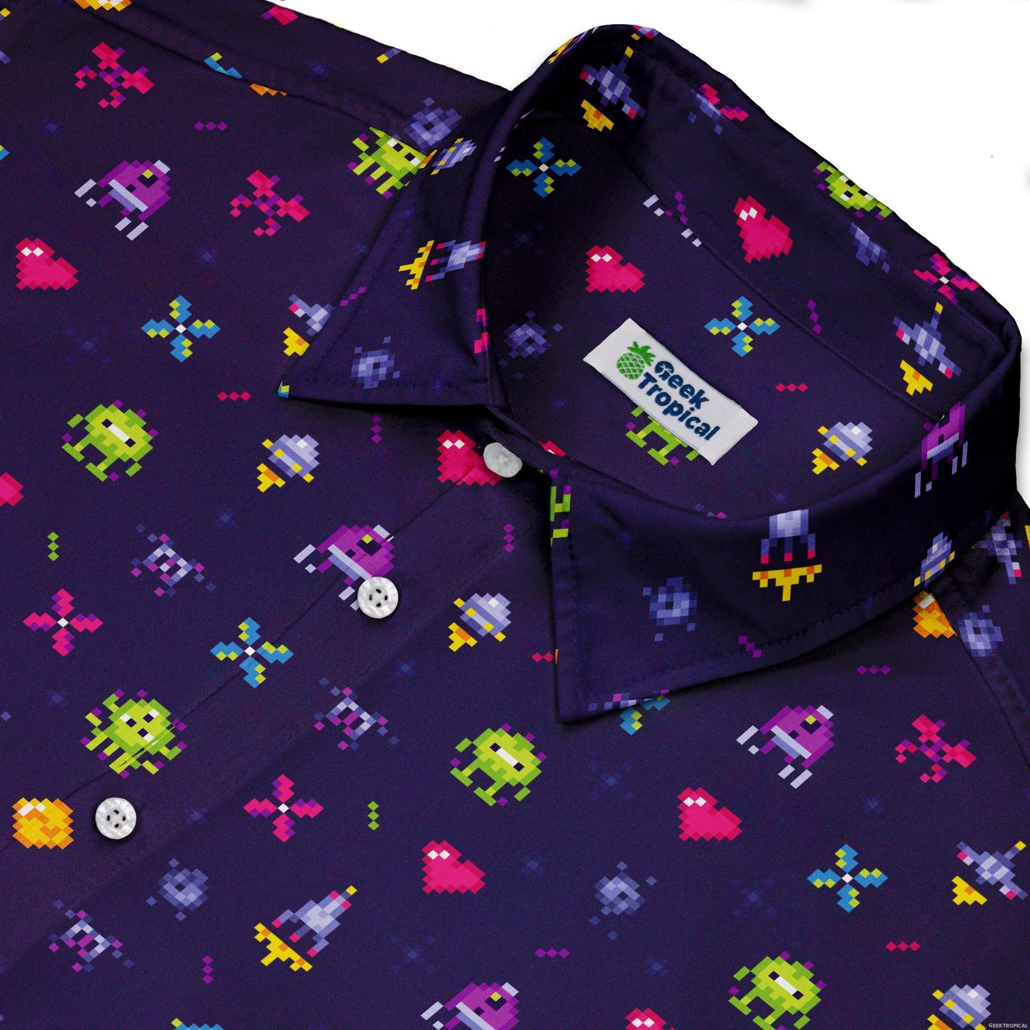 Pixel Art Arcade Video Game Purple Button Up Shirt - adult sizing - video game arcade print -