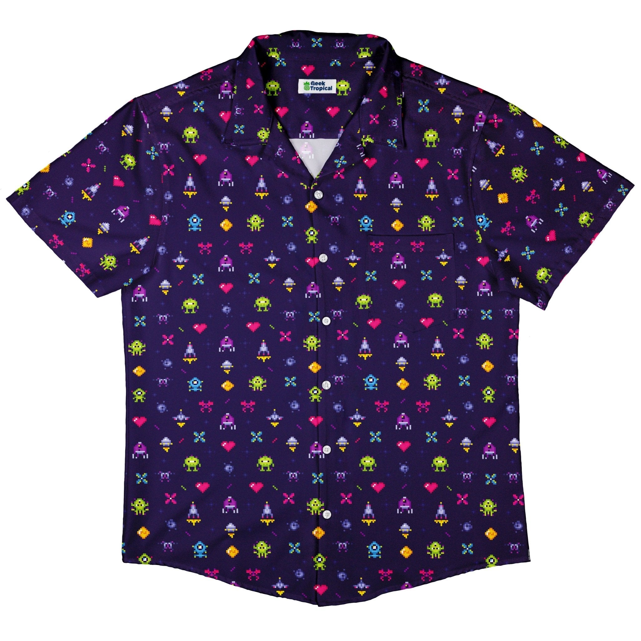Pixel Art Arcade Video Game Purple Button Up Shirt - adult sizing - video game arcade print -