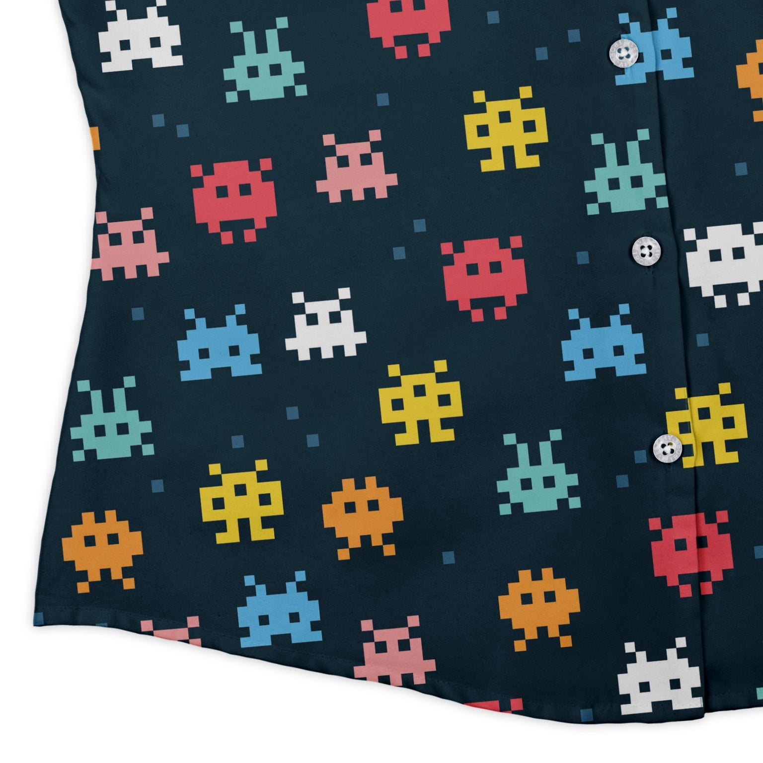 Pixel Monsters Teal Video Game Curvy Button Up Shirt Geek Nerd video game arcade print women
