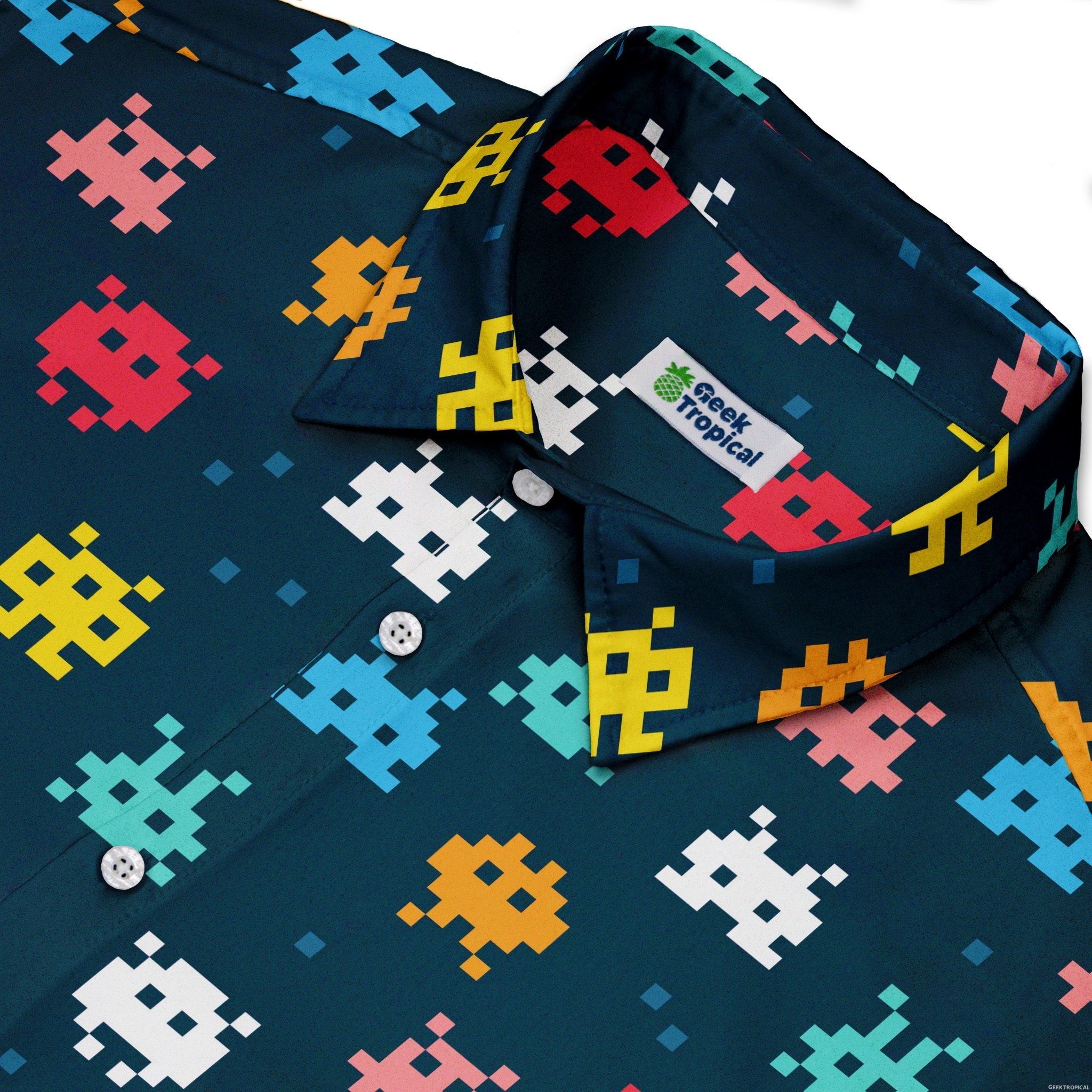 Pixel Monsters Teal Video Game Button Up Shirt - adult sizing - video game arcade print -