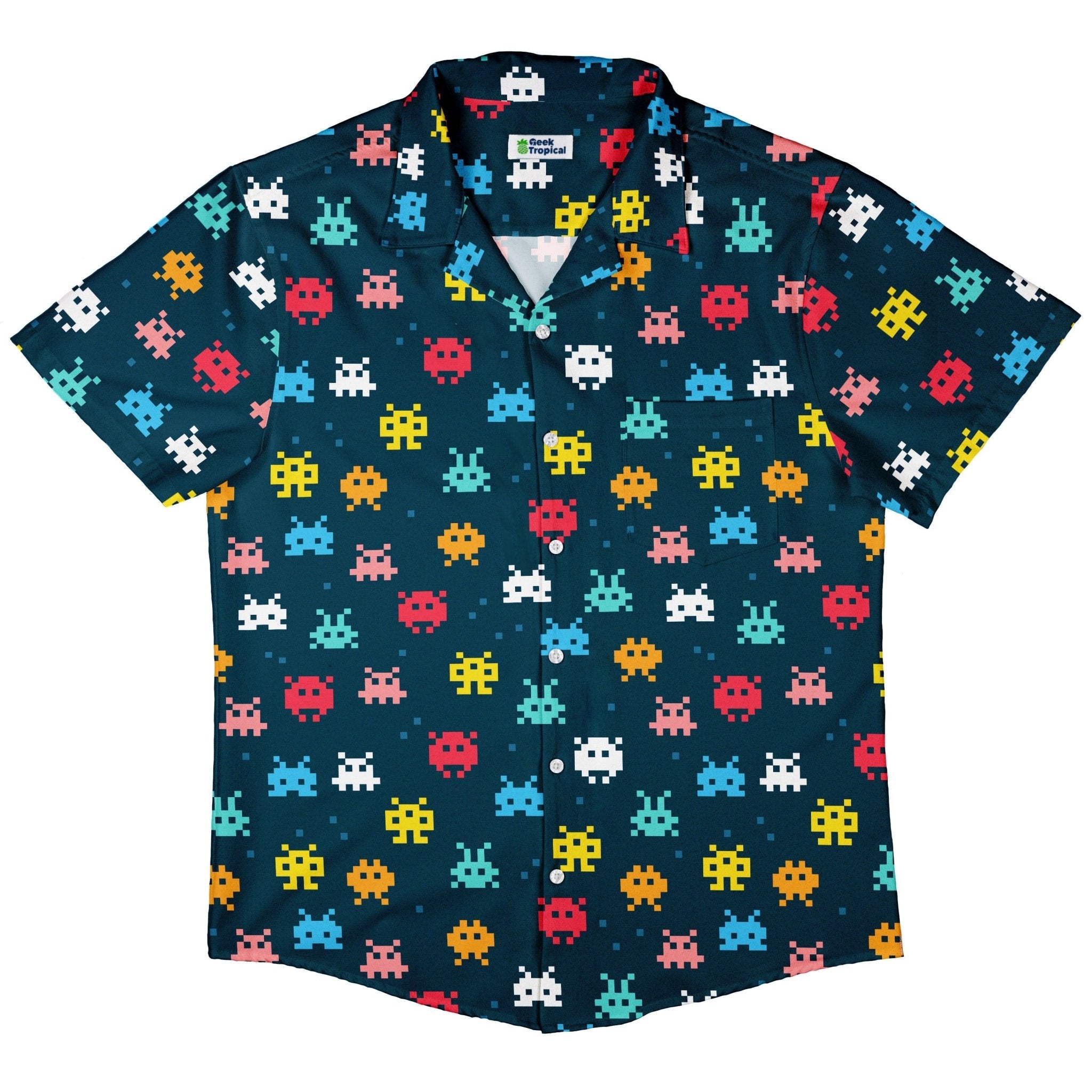 Pixel Monsters Teal Video Game Button Up Shirt - adult sizing - video game arcade print -