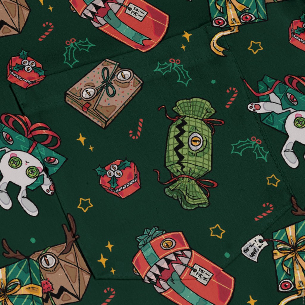 Present Mimics Green Long Sleeve Button Up Shirt Geek Nerd adult sizing Christmas Print Design by Ardi Tong