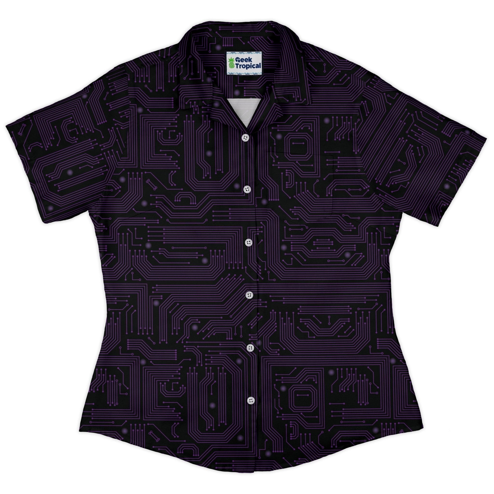 Purple Computer Circuit Board Curvy Button Up Shirt Geek Nerd computer print women