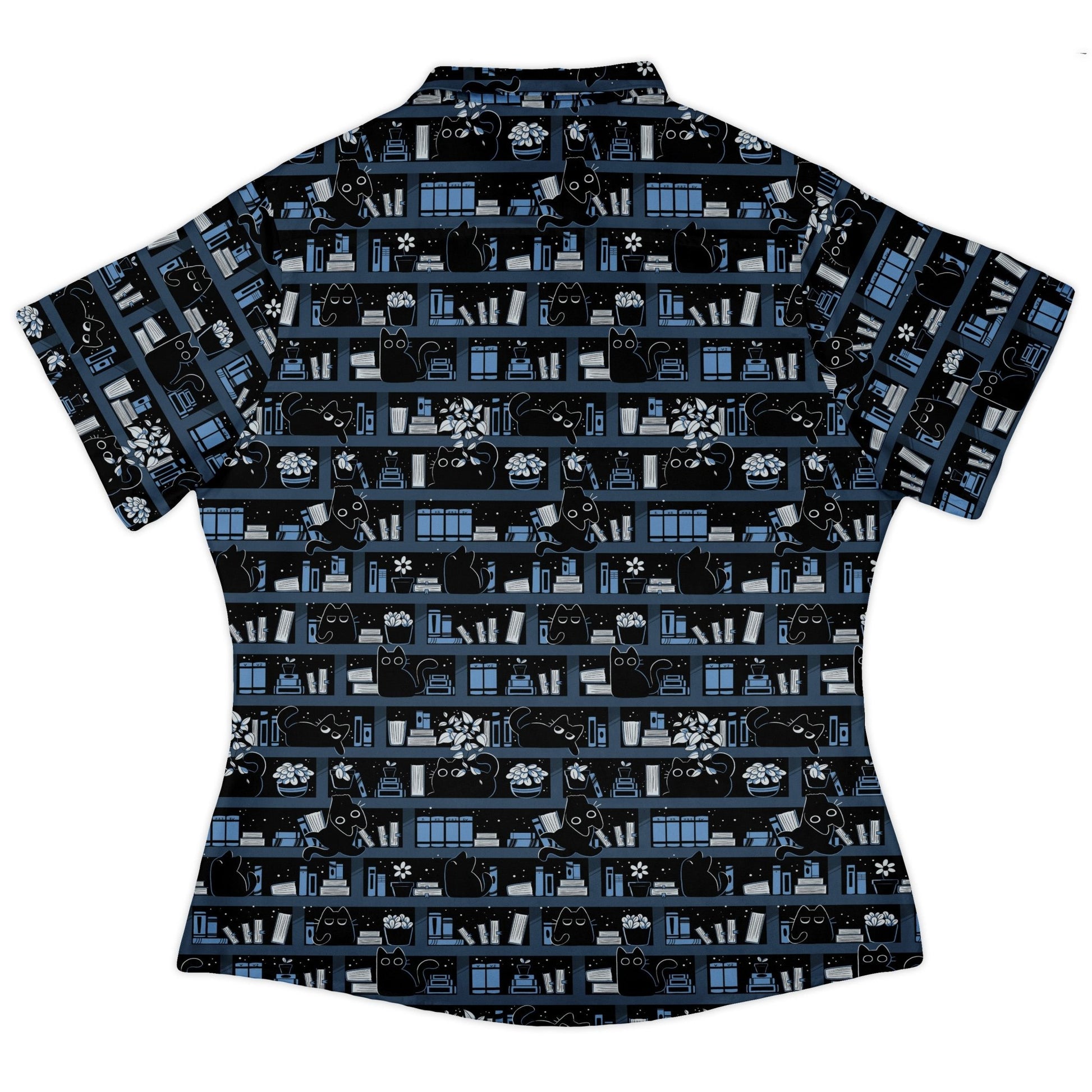 Purrrfect Library Curvy Button Up Shirt Geek Nerd 0925 All Adult Button Up Shirts Animal Patterns