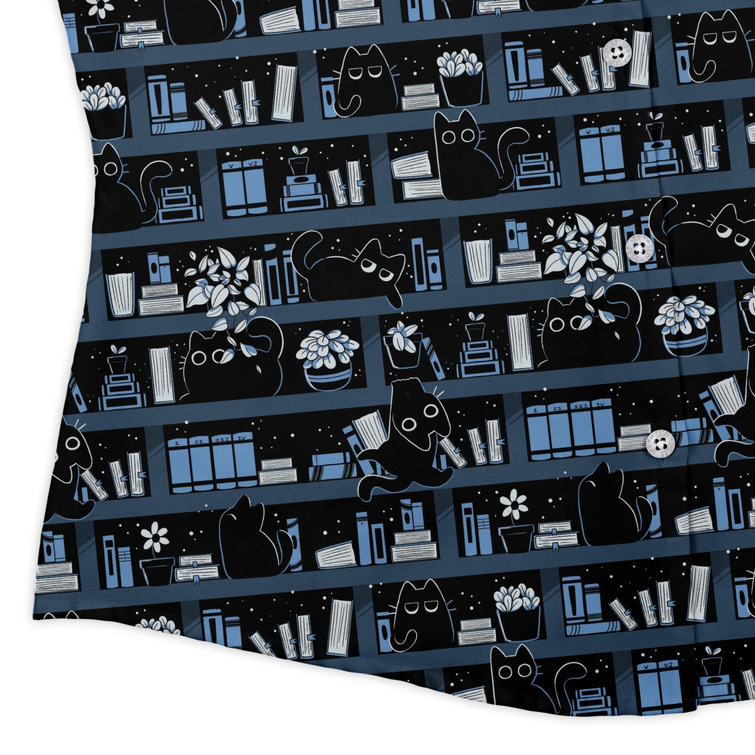 Purrrfect Library Curvy Button Up Shirt Geek Nerd 0925 All Adult Button Up Shirts Animal Patterns