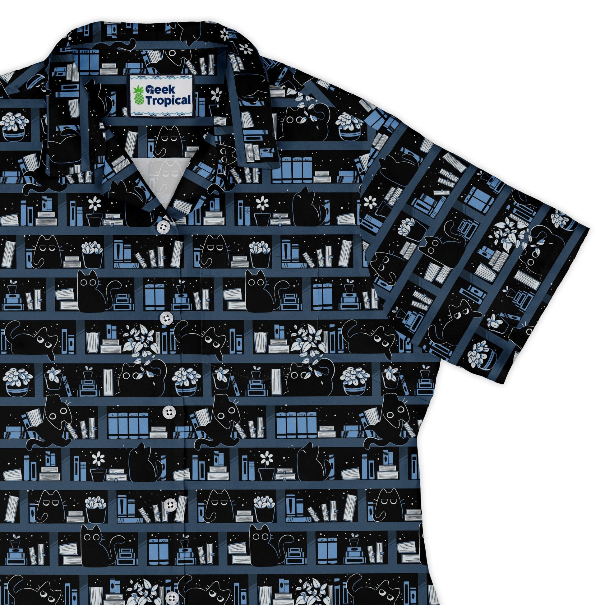 Purrrfect Library Curvy Button Up Shirt Geek Nerd 0925 All Adult Button Up Shirts Animal Patterns