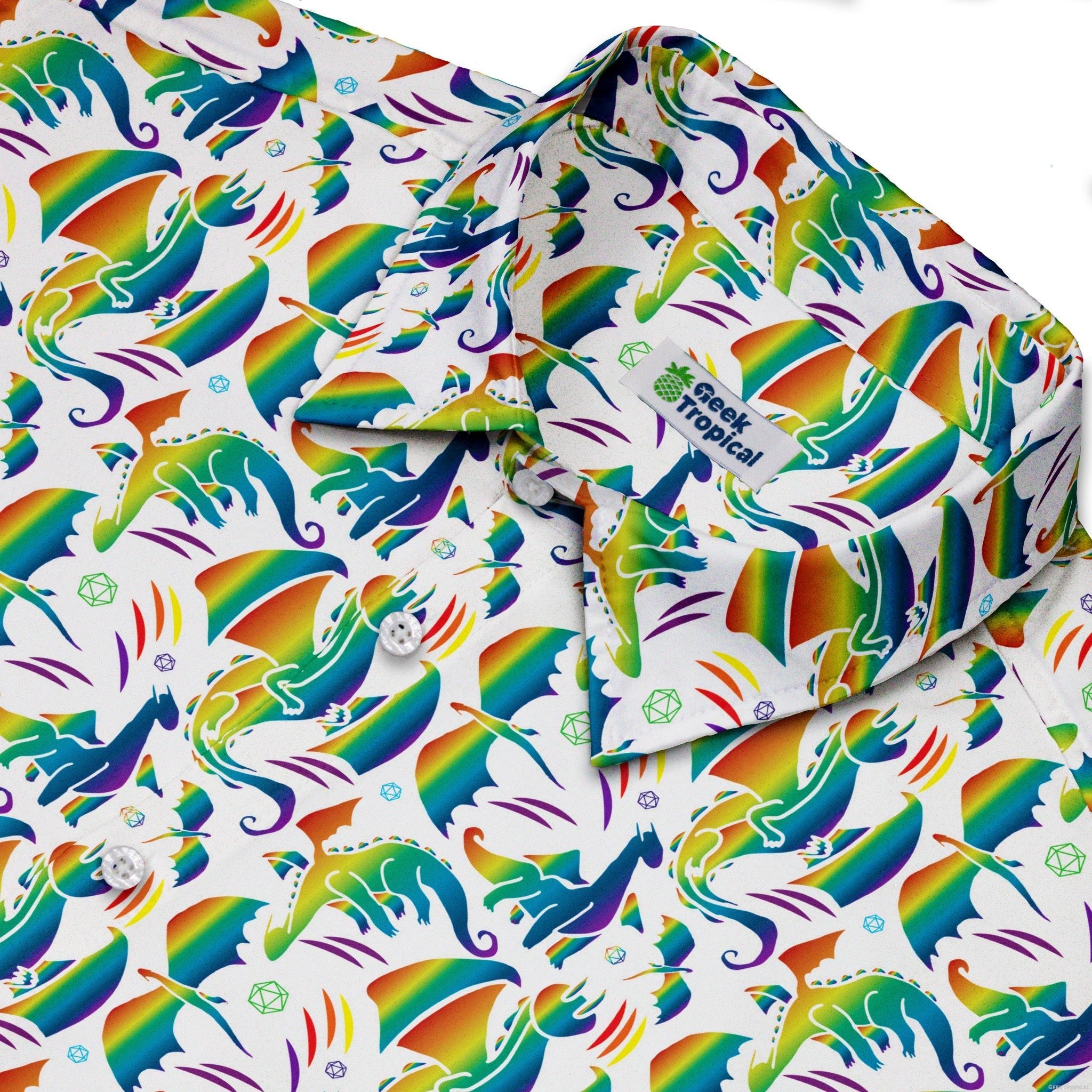 Rainbow Dragons DND Dice White Button Up Shirt - adult sizing - Animal Patterns - Design by Heather Davenport