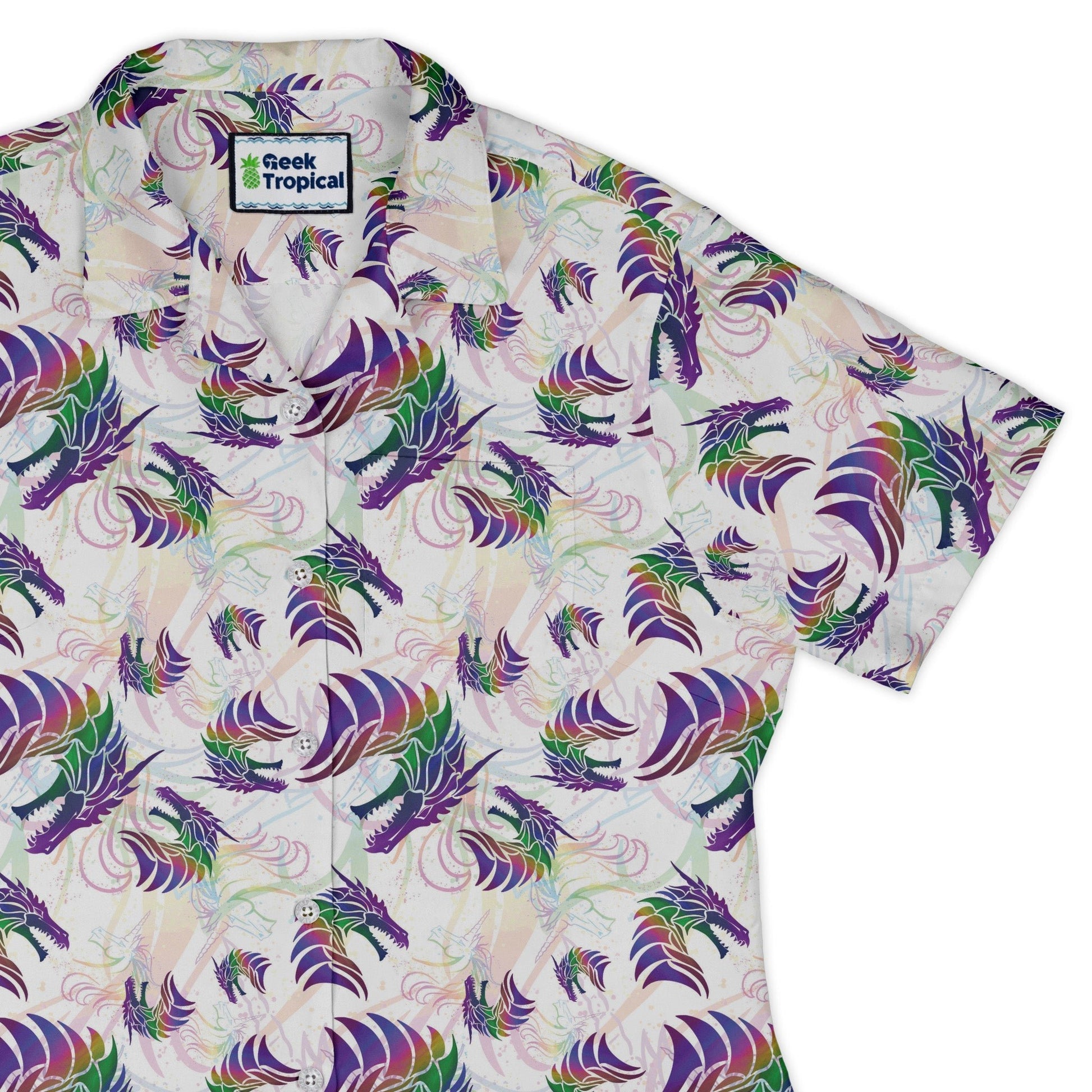 Rainbow Dragons and Unicorns Curvy Button Up Shirt Geek Nerd Animal Patterns Designed by Rose Khan Fantasy Prints