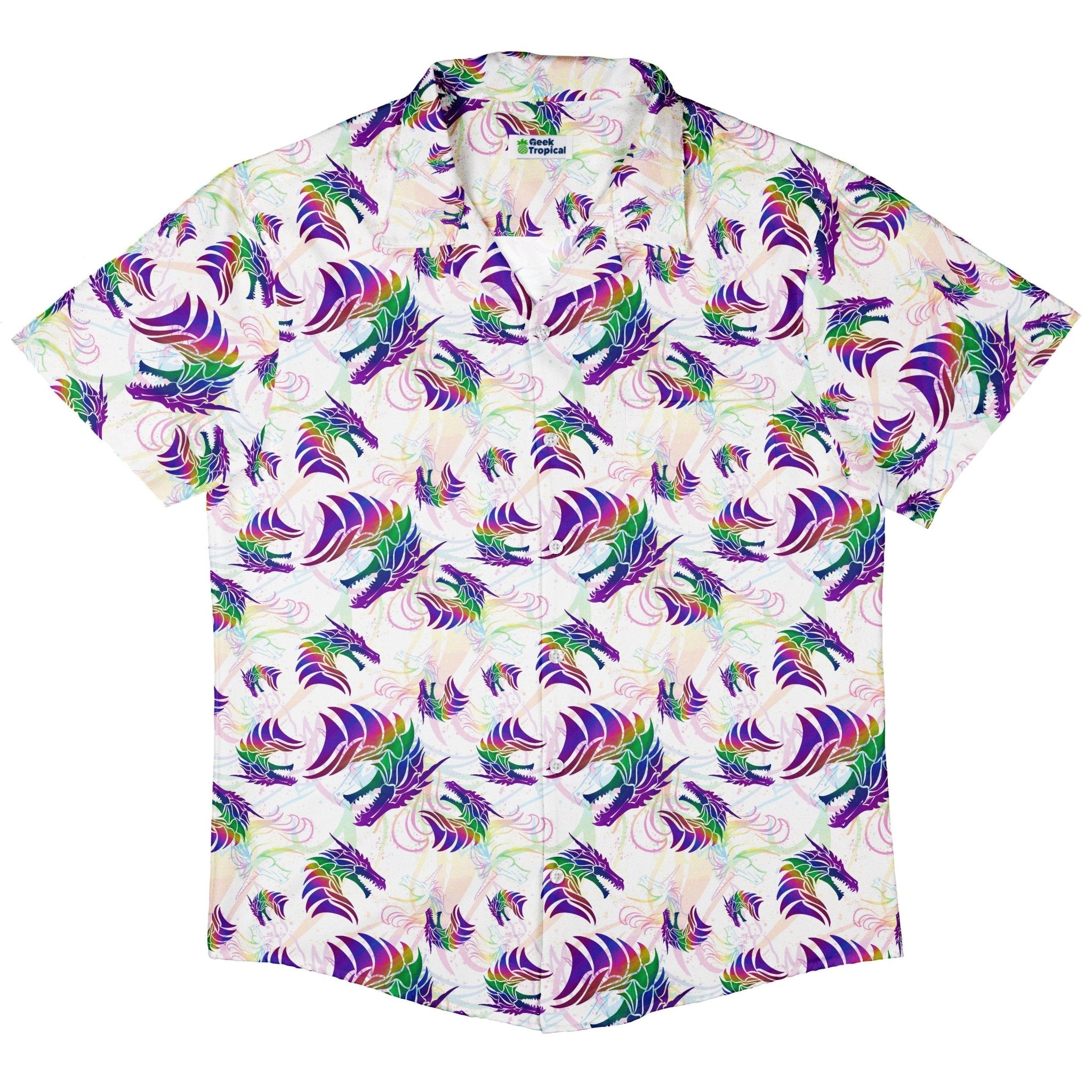 Rainbow Dragons and Unicorns Button Up Shirt - adult sizing - Animal Patterns - Designed by Rose Khan