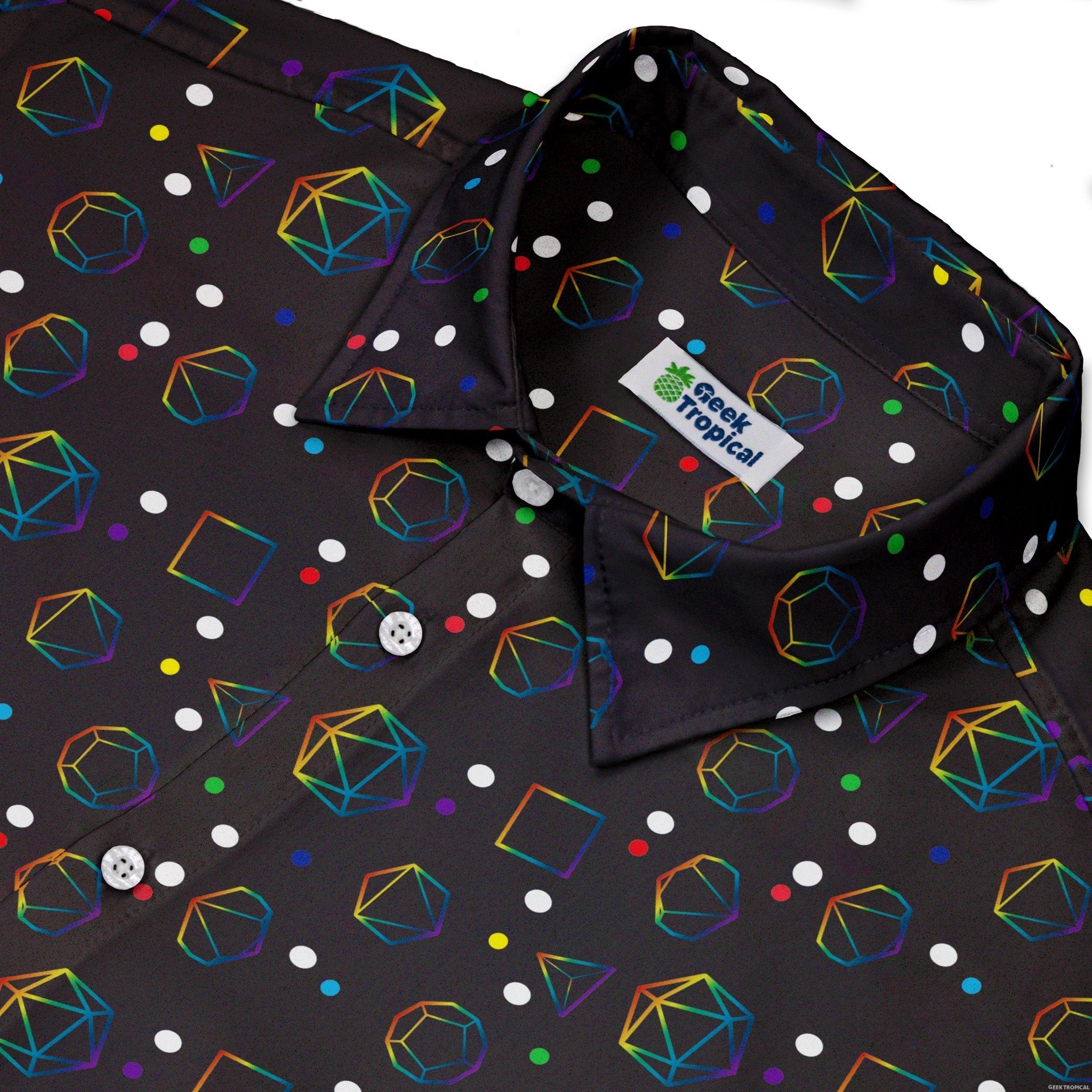 Rainbow LGBTQ+ Pride DND Dice Button Up Shirt - adult sizing - Design by Heather Davenport - dnd & rpg print