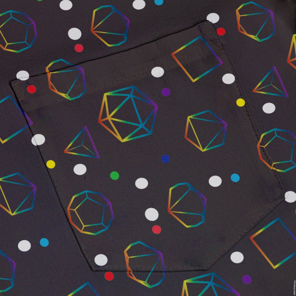 Rainbow LGBTQ+ Pride DND Dice Button Up Shirt - adult sizing - Design by Heather Davenport - dnd & rpg print
