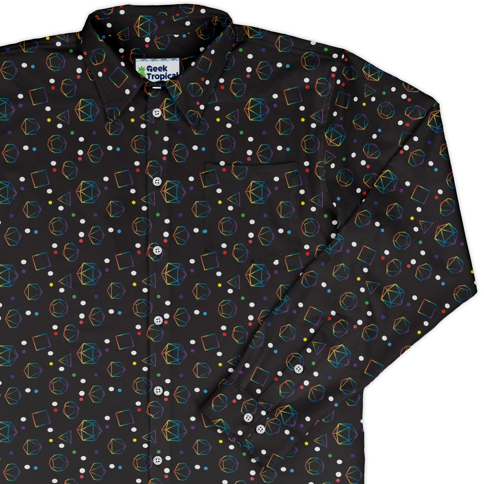 Rainbow LGBTQ+ Pride Dnd Dice Long Sleeve Button Up Shirt Geek Nerd adult sizing Design by Heather Davenport dnd & rpg print