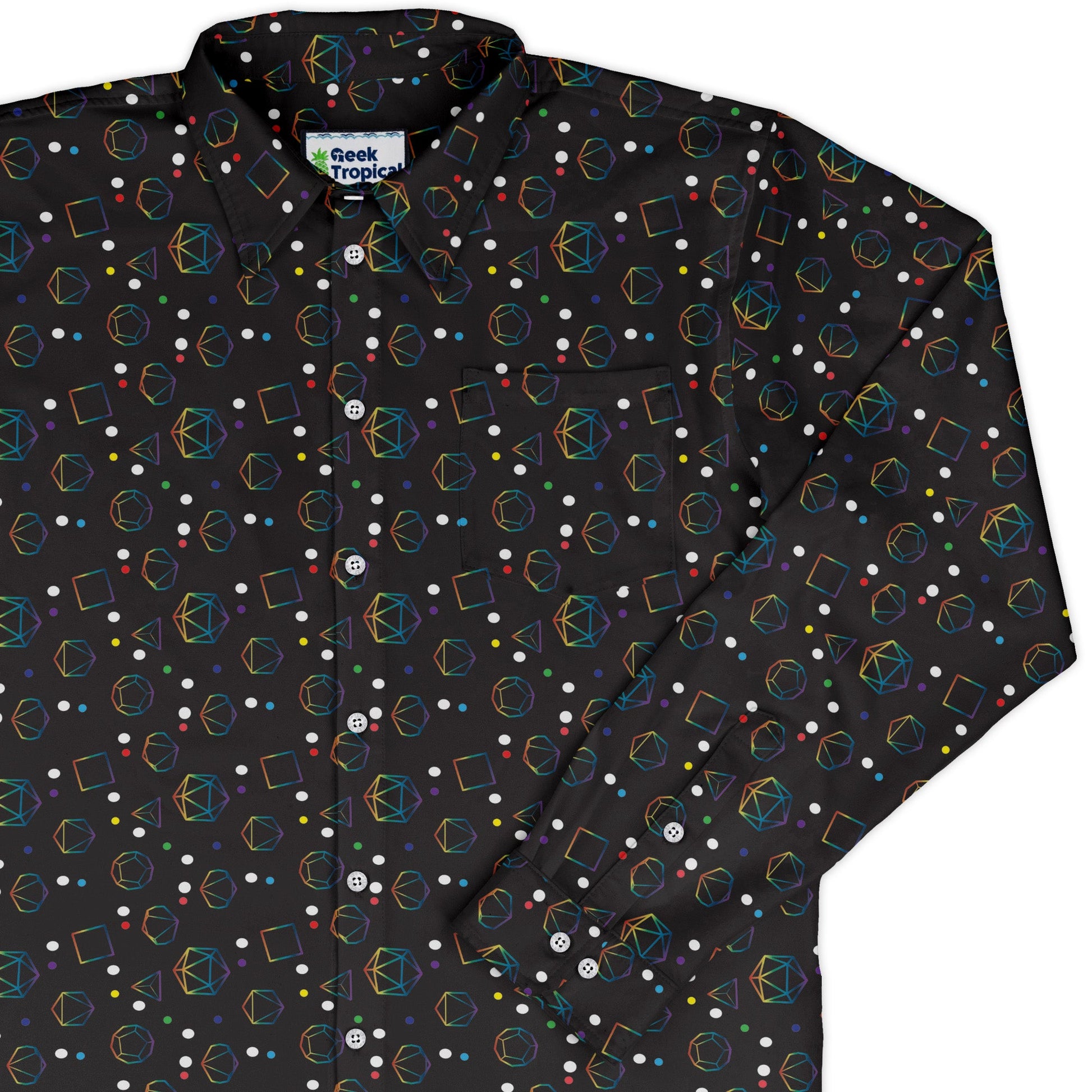 Rainbow LGBTQ+ Pride Dnd Dice Long Sleeve Button Up Shirt Geek Nerd adult sizing Design by Heather Davenport dnd & rpg print