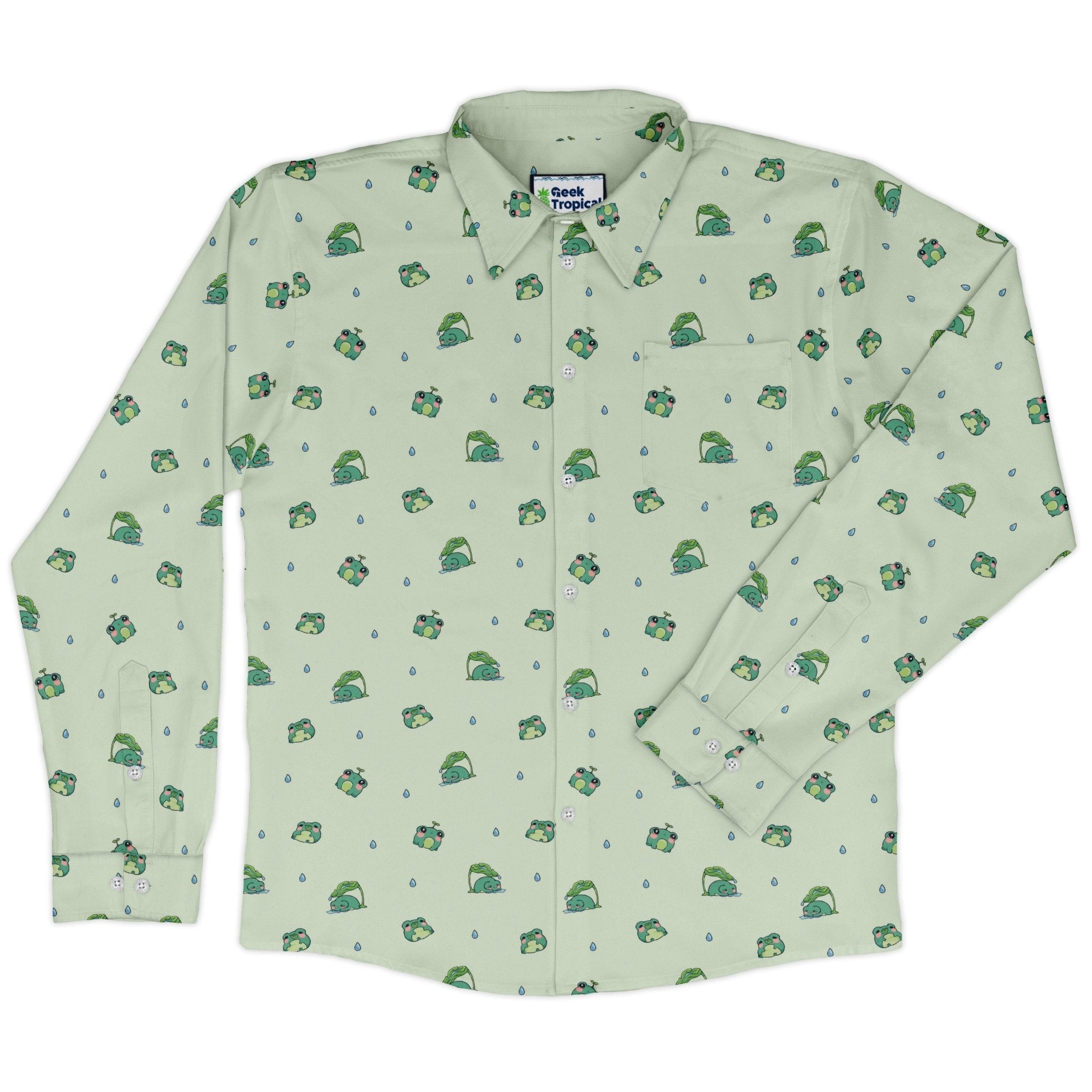 Raining Frogs Pastel Green Long Sleeve Button Up Shirt Geek Nerd adult sizing Animal Patterns Anime