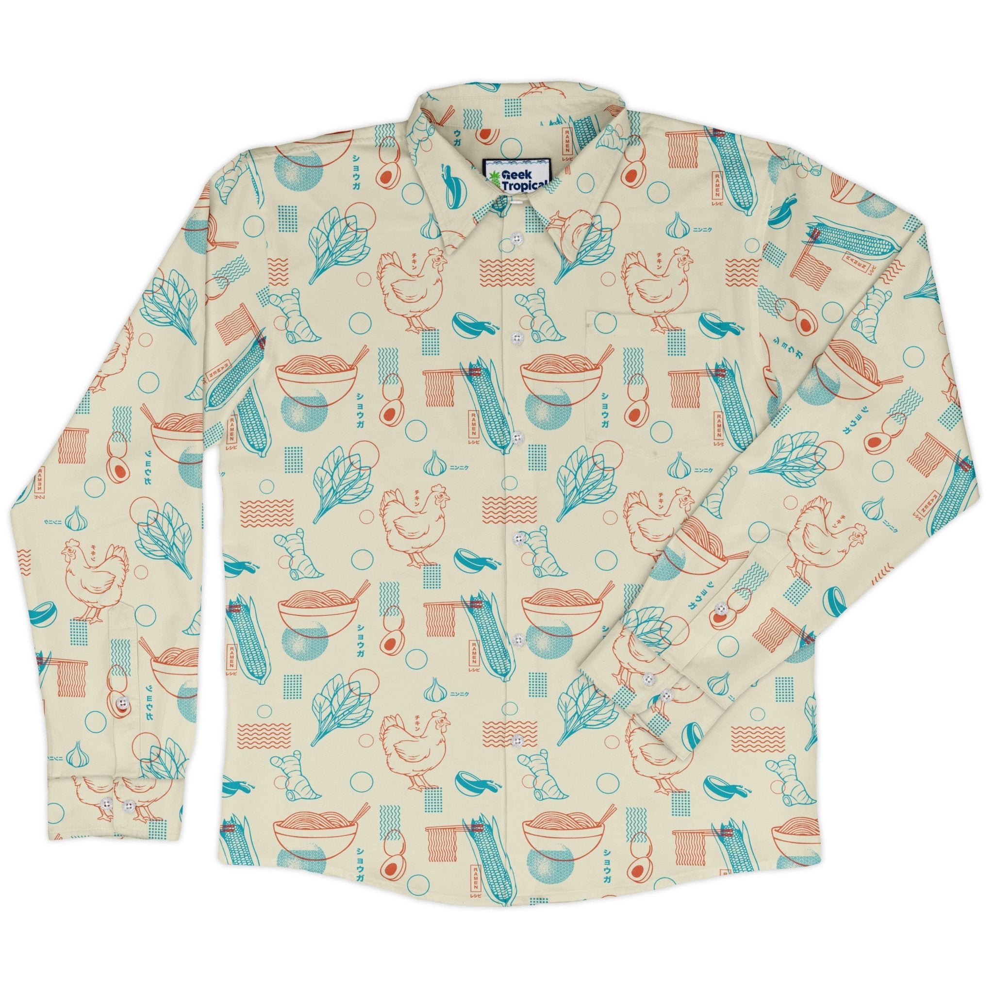 Ramen Recipe Japanese Long Sleeve Button Up Shirt Geek Nerd adult sizing Anime Design by Tobe Fonseca