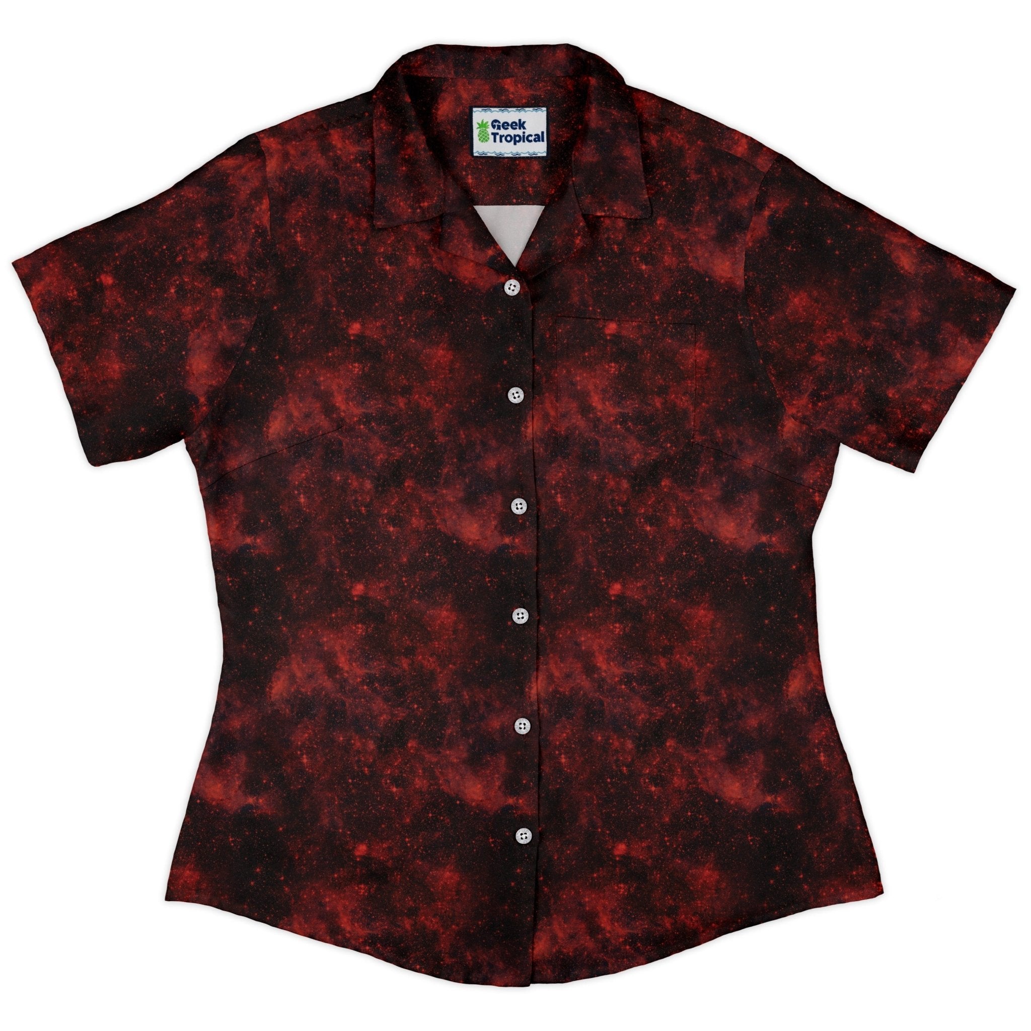 Red Nebula Space Curvy Button Up Shirt Geek Nerd outer space & astronaut print women