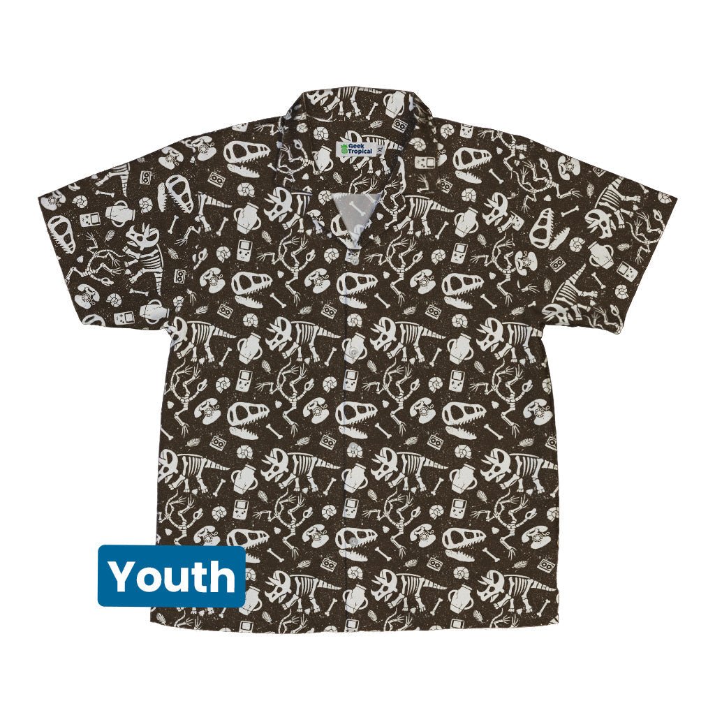 Retro Fossils and Dinosaurs Youth Hawaiian Shirt - Design by Tobe Fonseca - dinosaur print - Q3