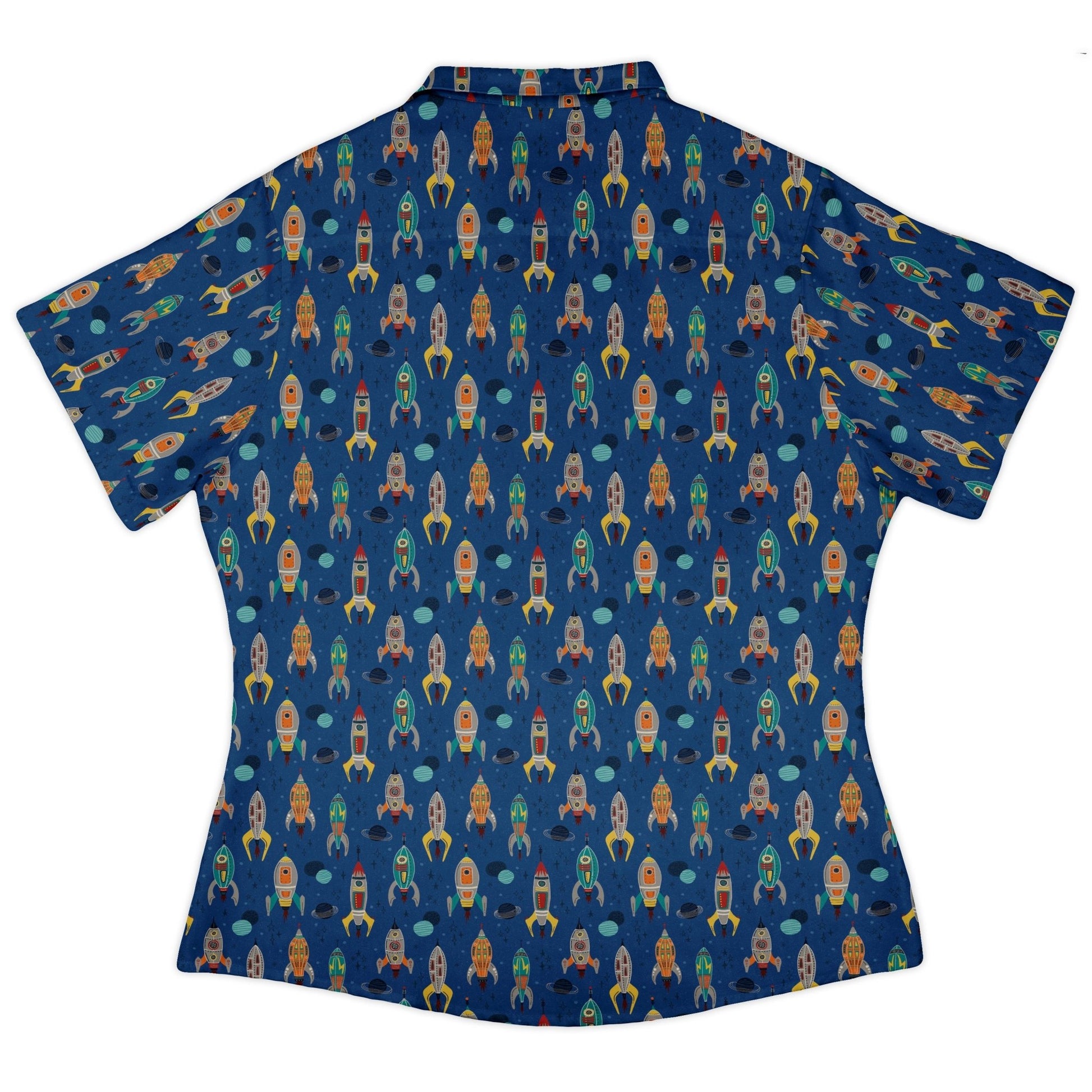 Retro Kitsch Rocker Curvy Button Up Shirt Geek Nerd Design by Zirkus Design outer space & astronaut print q225