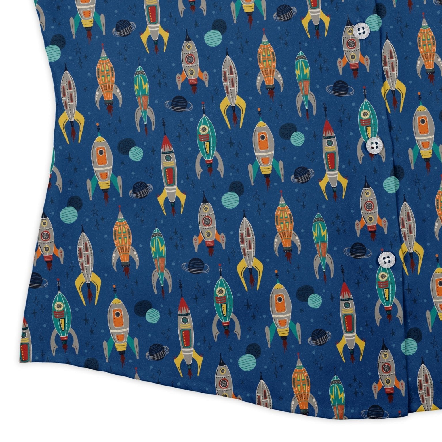 Retro Kitsch Rocker Curvy Button Up Shirt Geek Nerd Design by Zirkus Design outer space & astronaut print q225