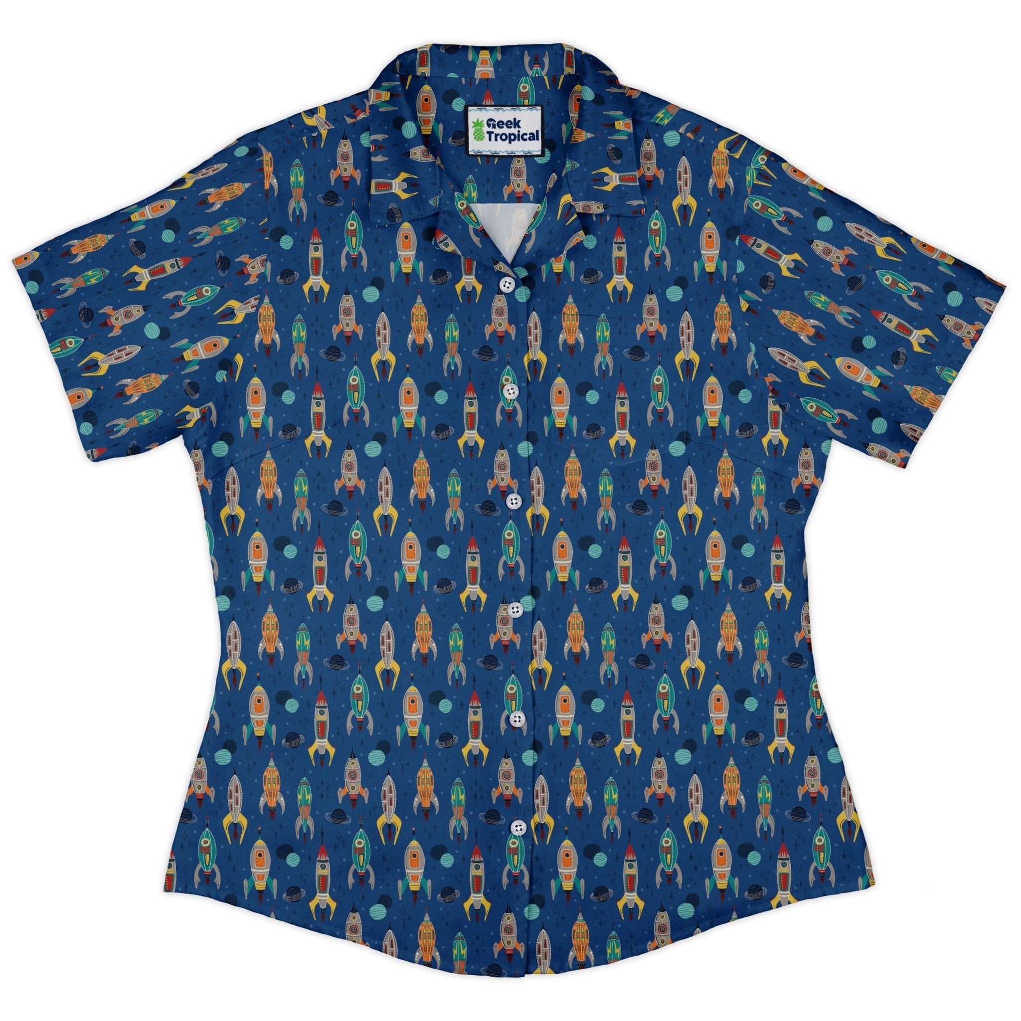 Retro Kitsch Rocker Curvy Button Up Shirt Geek Nerd Design by Zirkus Design outer space & astronaut print q225
