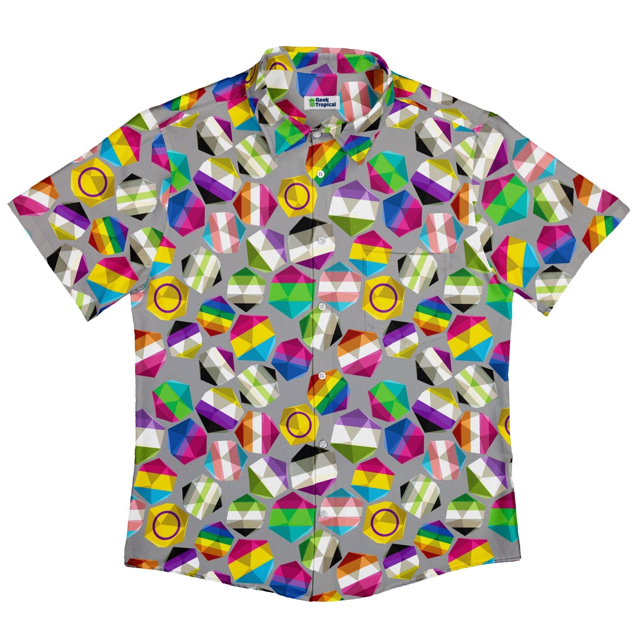 Roll with Pride LGBTQ Dice Dnd Button Up Shirt - adult sizing - dnd & rpg print - Maximalist Patterns