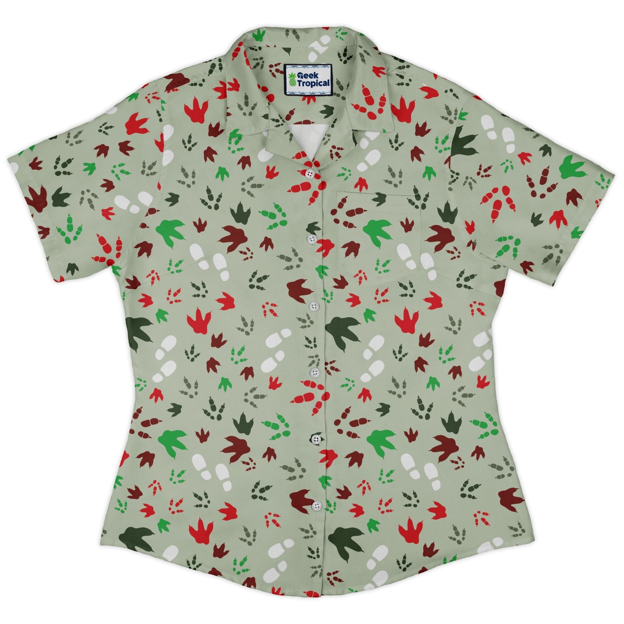 Santa Boots and Dinosaur Footprint Tracks Curvy Button Up Shirt Geek Nerd Christmas Print dinosaur print women