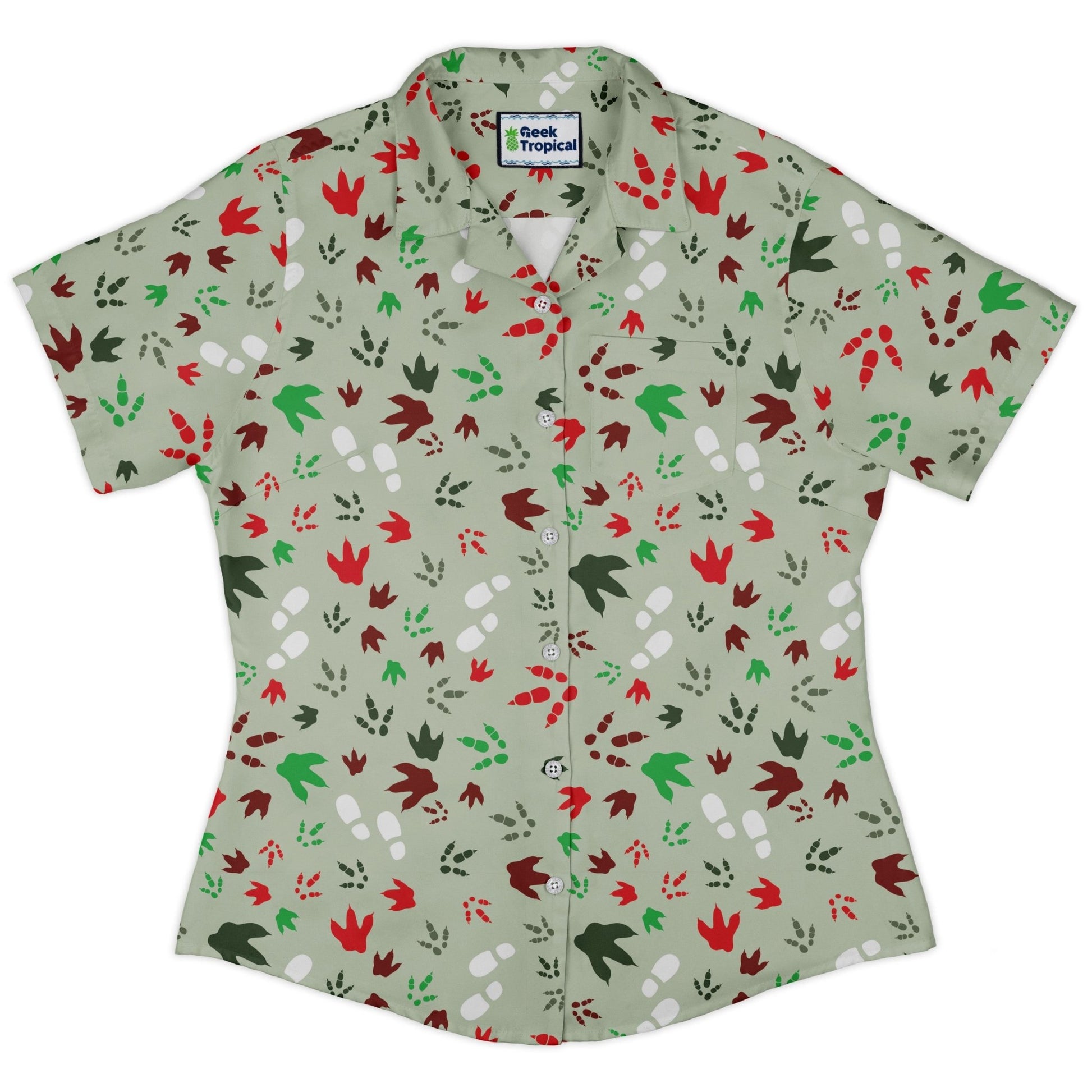 Santa Boots and Dinosaur Footprint Tracks Curvy Button Up Shirt Geek Nerd Christmas Print dinosaur print women