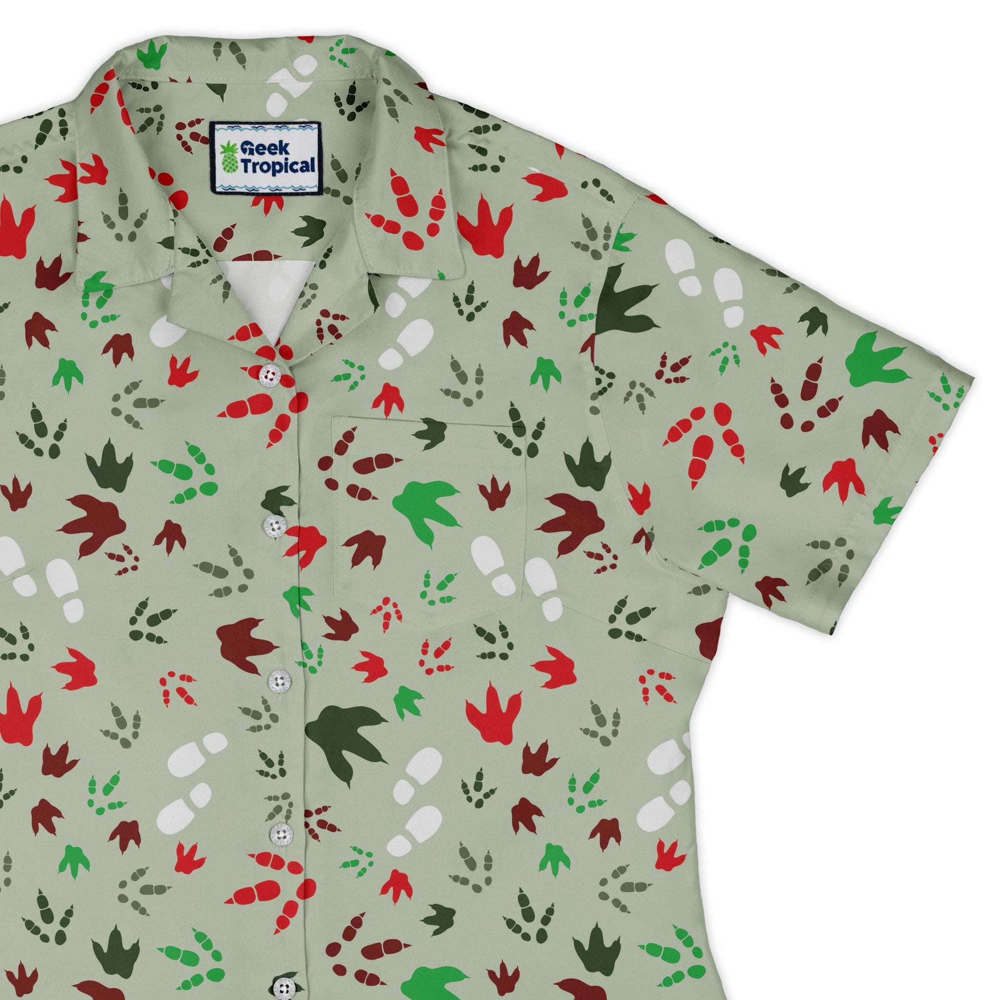 Santa Boots and Dinosaur Footprint Tracks Curvy Button Up Shirt Geek Nerd Christmas Print dinosaur print women