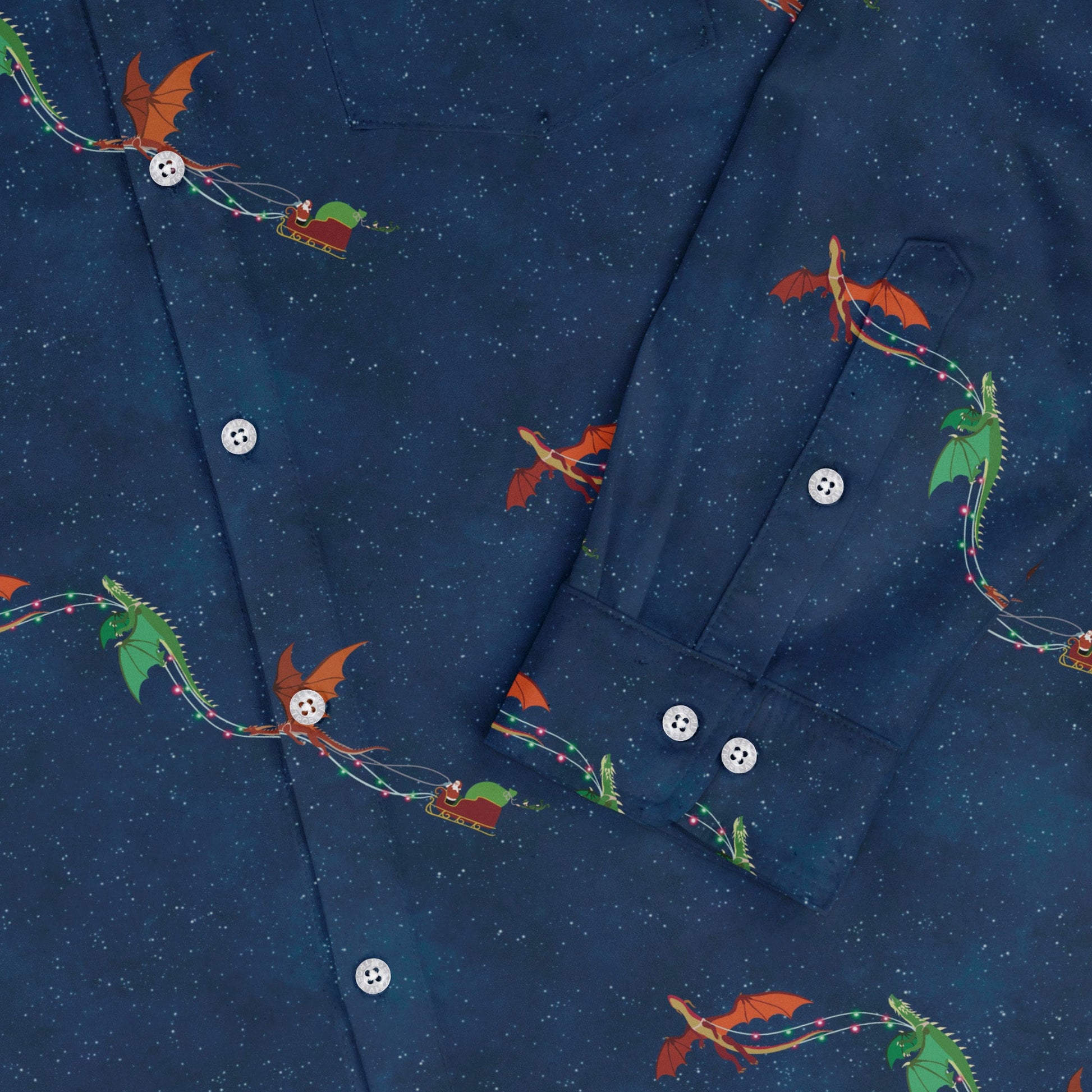 Santa Sleigh Dragons Long Sleeve Button Up Shirt Geek Nerd adult sizing Christmas Print Designs by Nathan