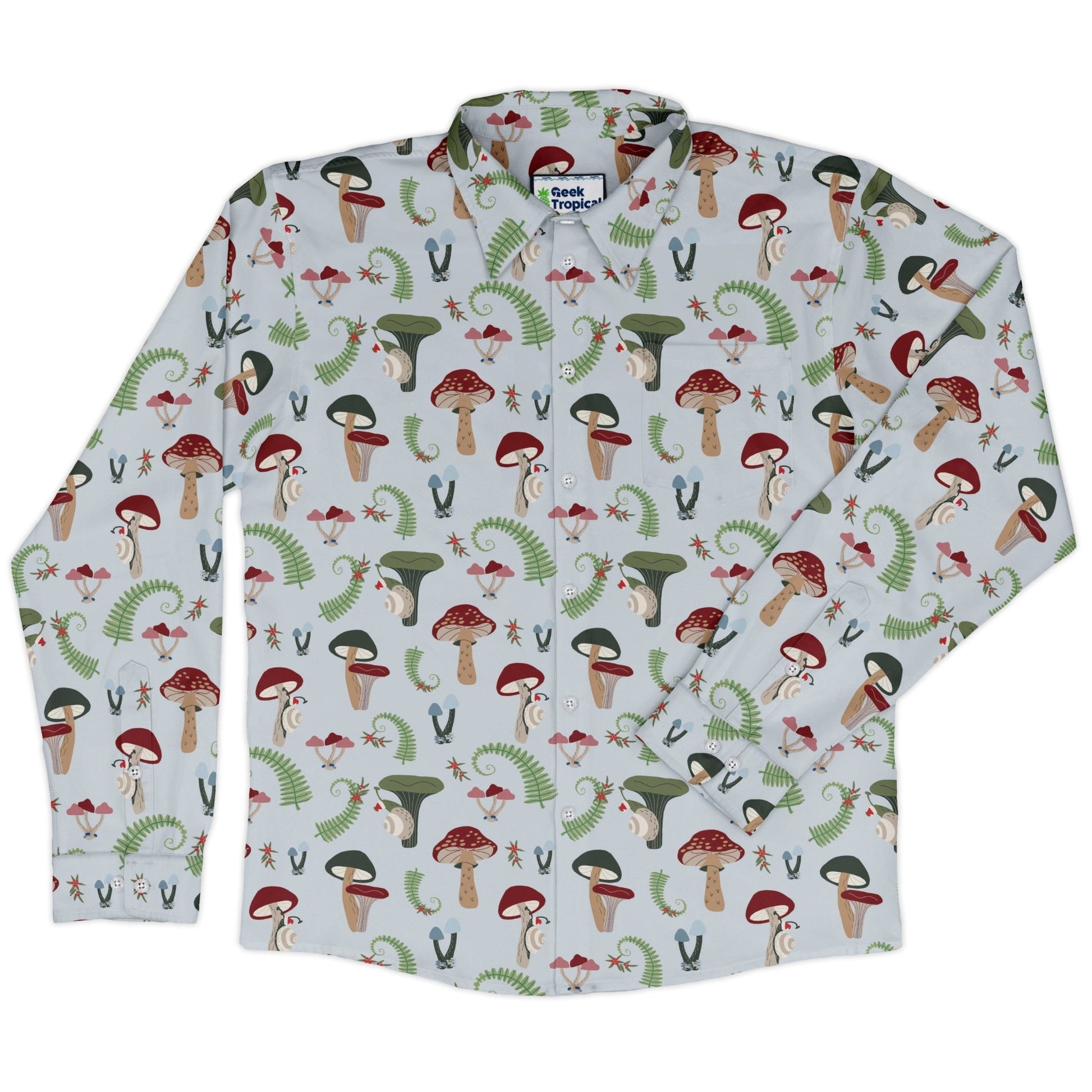 Santa Snails and Winter Mushrooms Long Sleeve Button Up Shirt Geek Nerd adult sizing Botany Print Christmas Print